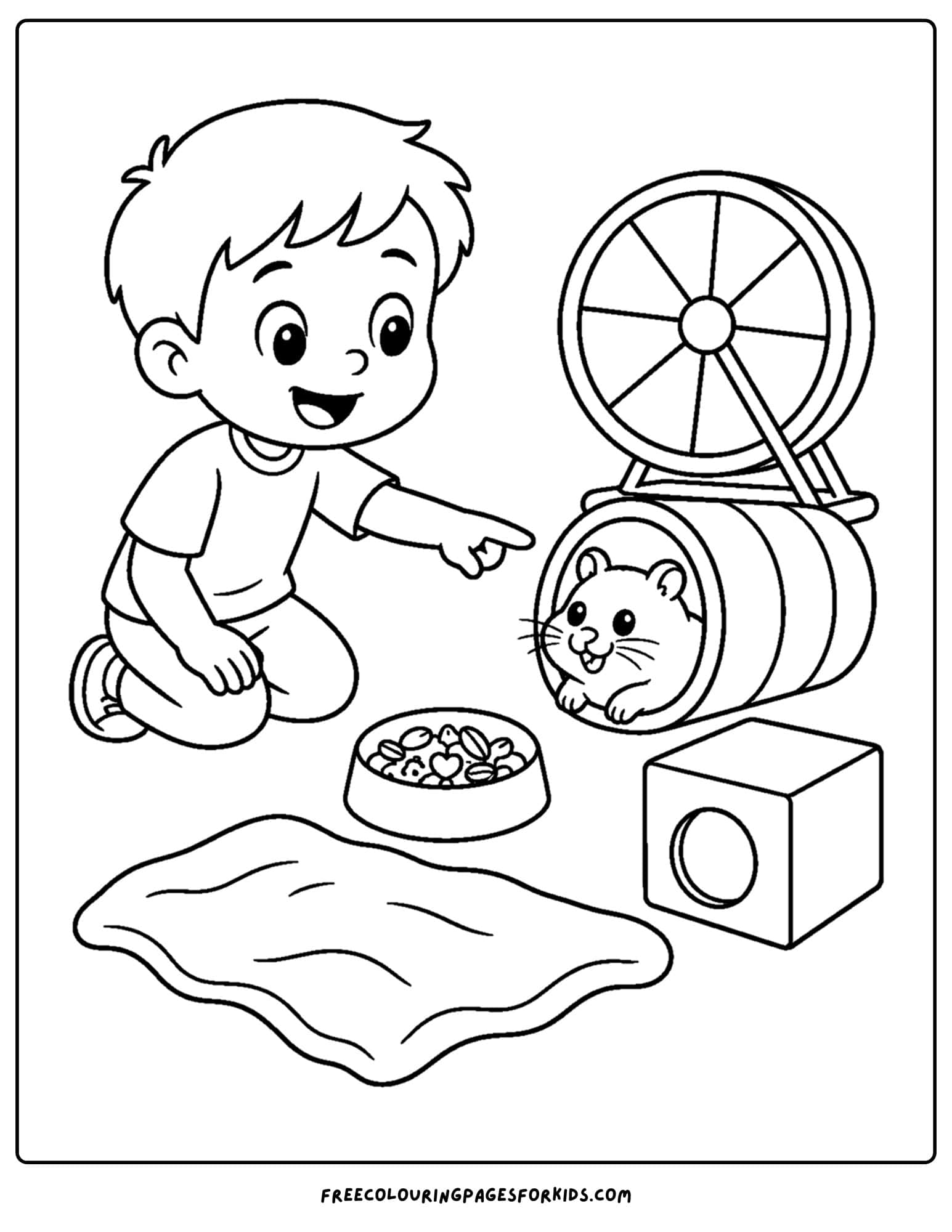 a pet coloring page showing a hamster in a tunnel with a child looking for it