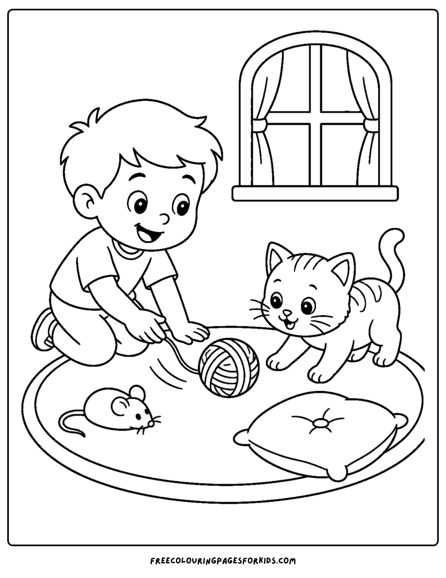 a pet coloring page showing a kitten and child playing with a ball of yarn