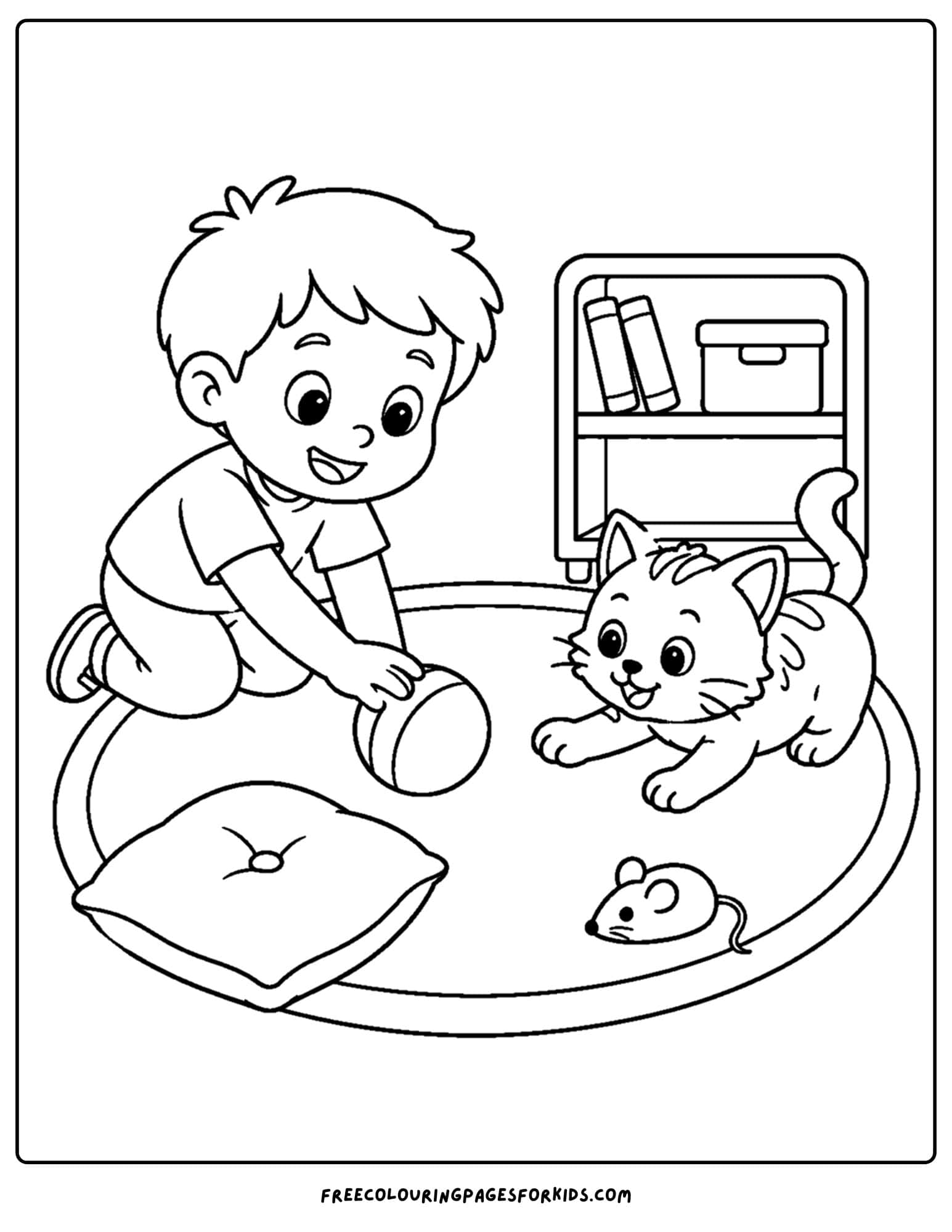 a pet coloring page showing a child playing ball with their kitten