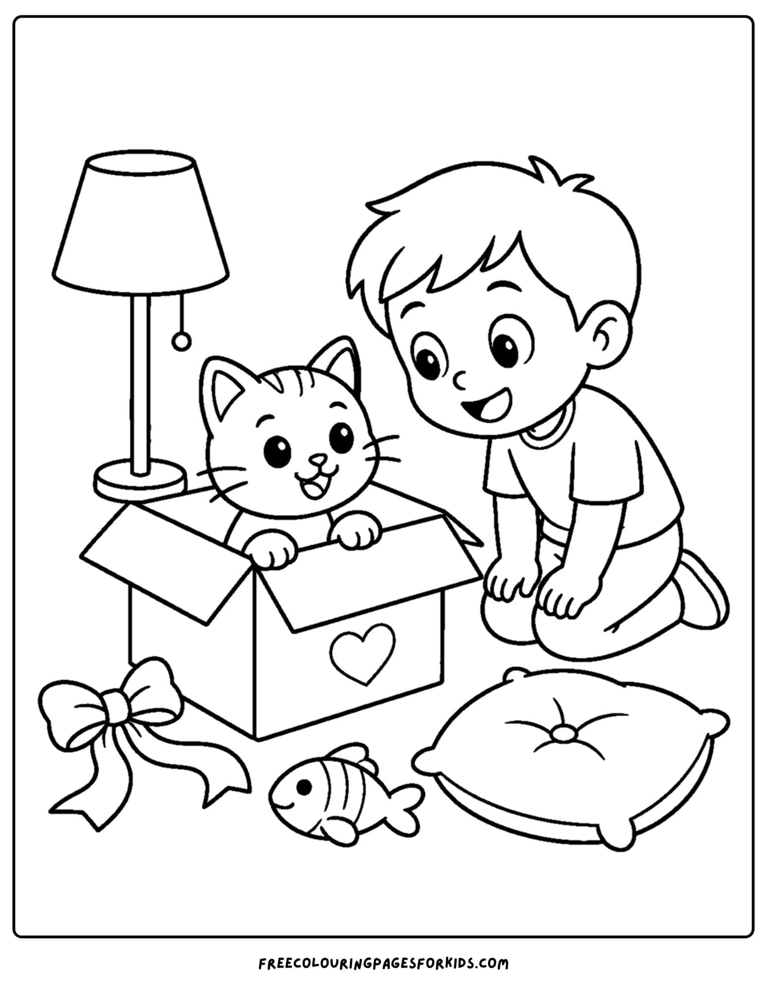 a pet coloring page showing a cat in a box playing with a child