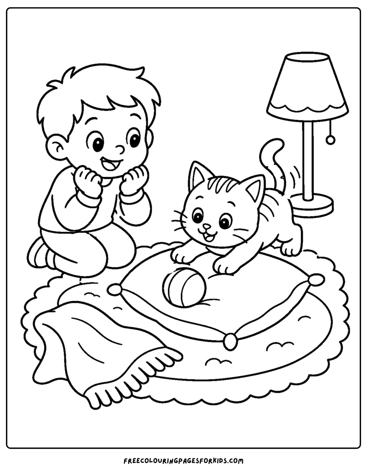 a pet coloring page showing a kitten playing with a ball of string
