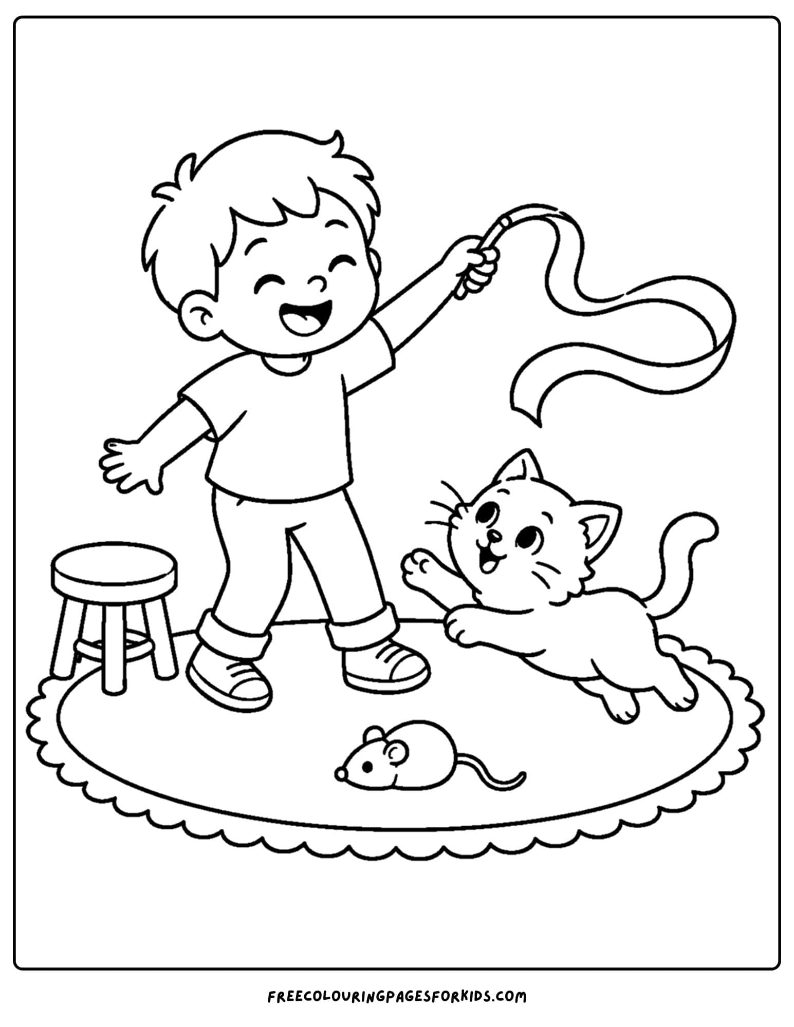 a pet coloring page showing a kid waving a ribbon around for their cat to chase