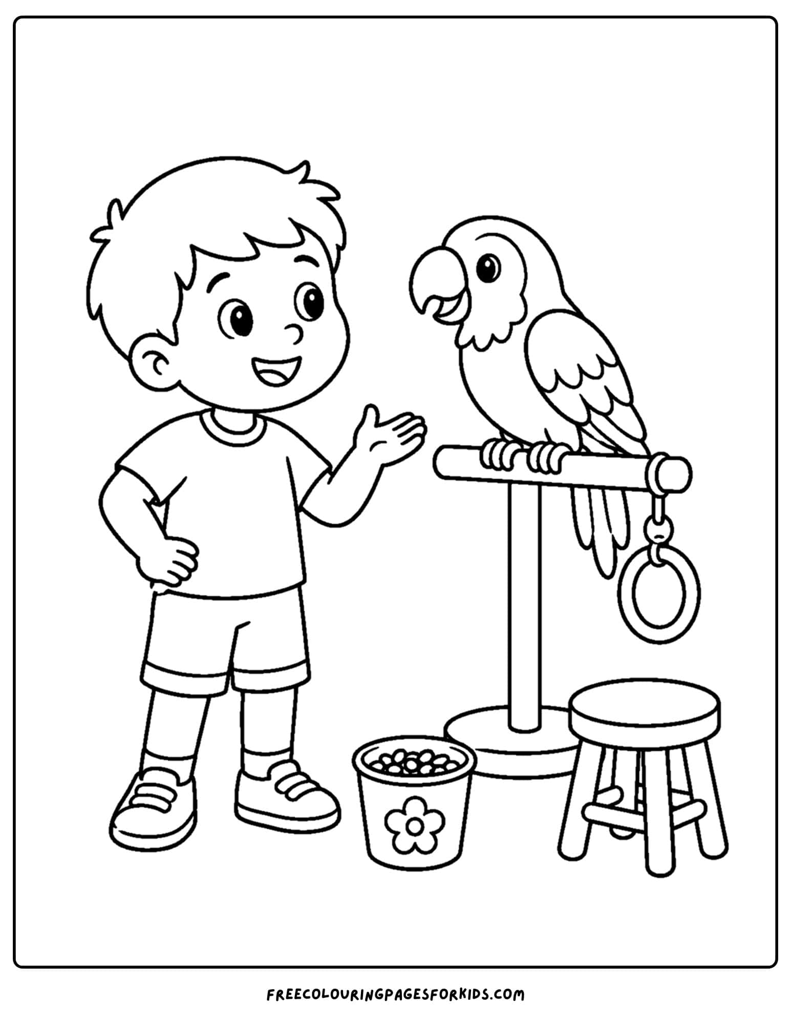a pet coloring page showing a parrot on a perch with a kid standing next to it