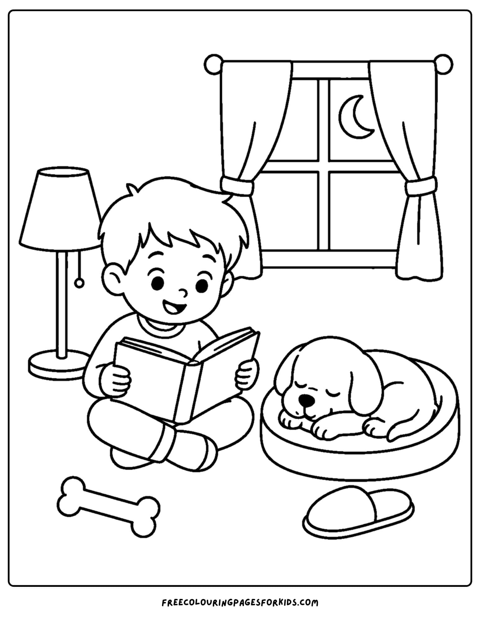 a pet coloring page showing a kid reading a. book while a puppy sleeps in its bed