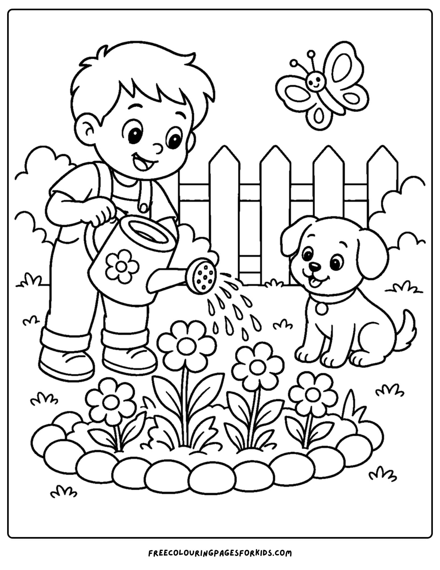a pet coloring page showing a child watering a garden with their dog sitting and watching