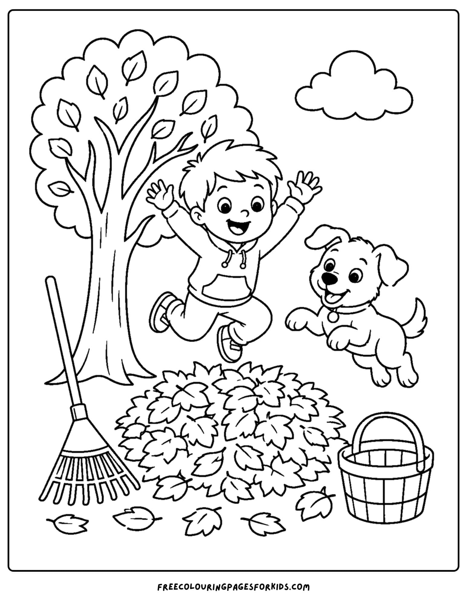 a pet coloring page showing a child and puppy dog jumping into a pile of leaves