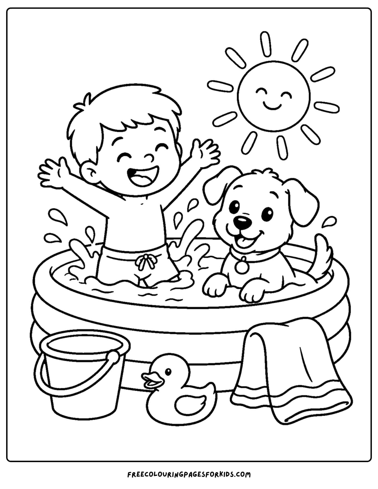 a pet coloring page showing a kid splashing in the pool with their pet dog