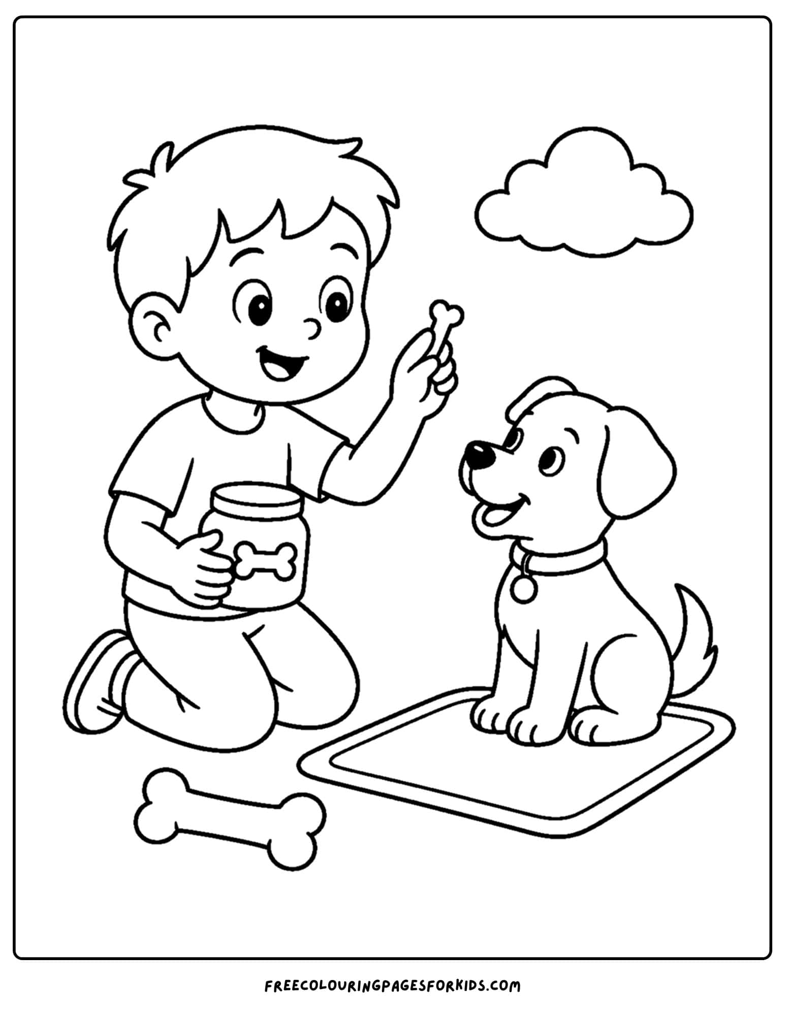 a pet coloring page showing a kid training their dog with treats