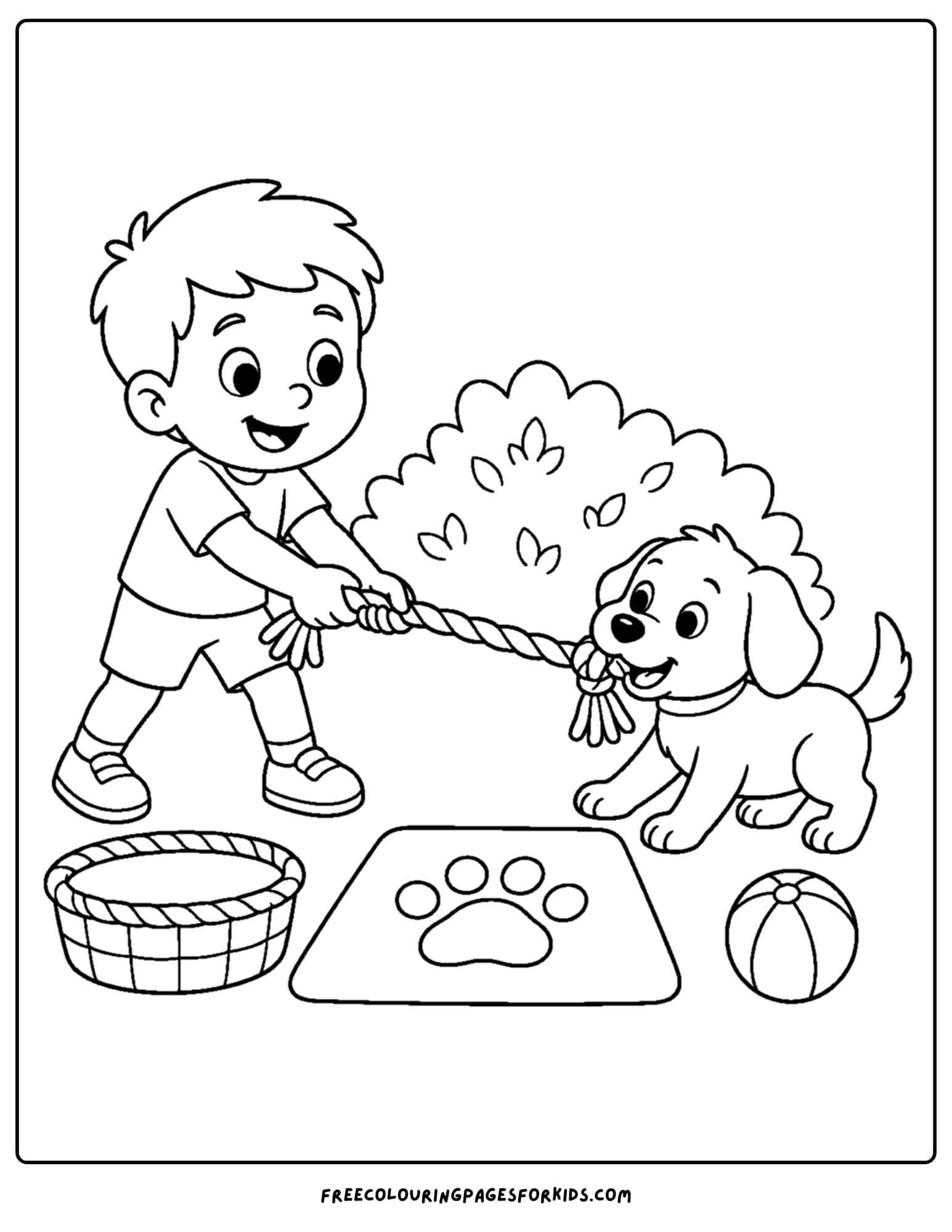a pet coloring page showing a kid playing tug of war with their dog