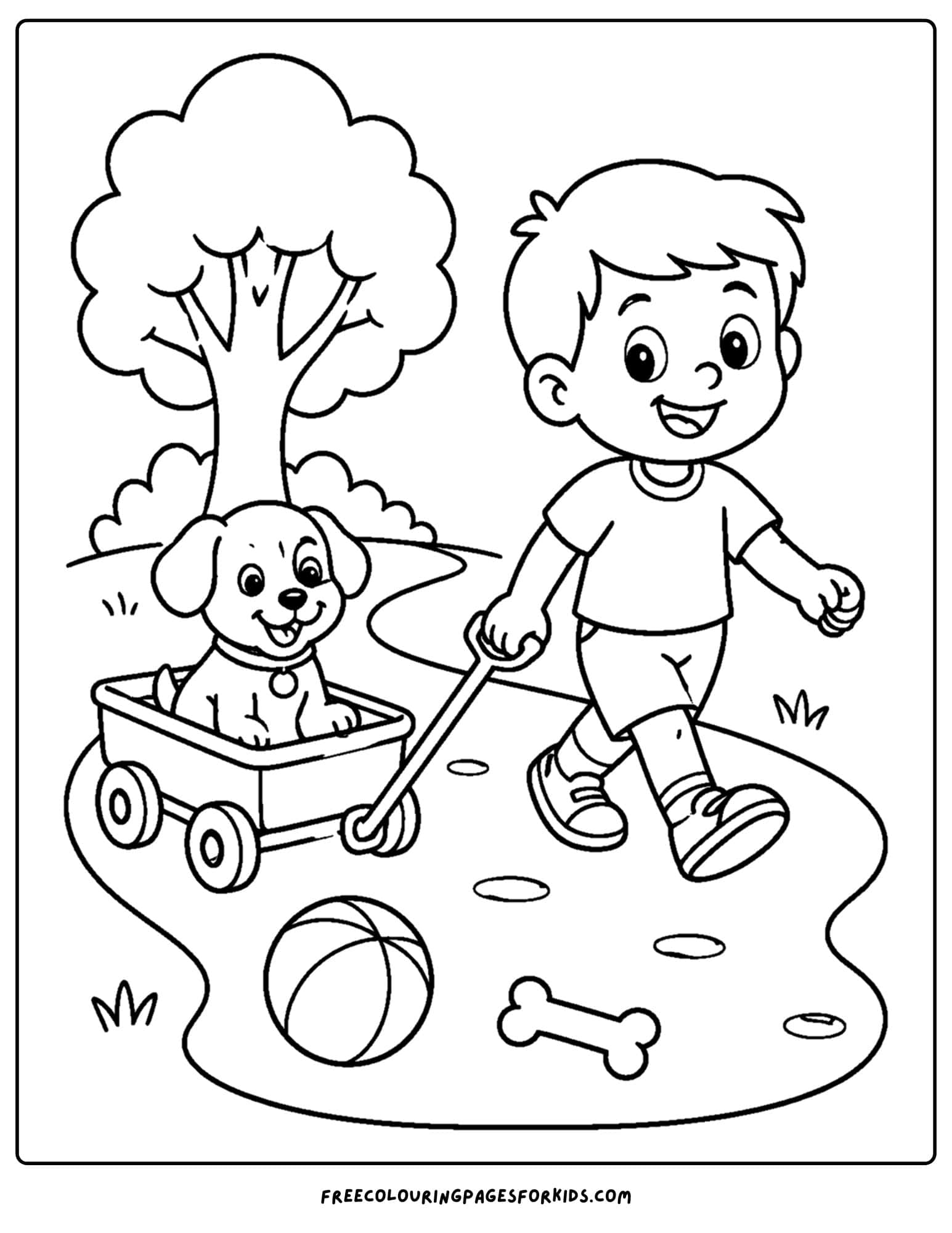 a pet coloring page showing a kid pulling their puppy in a wagon