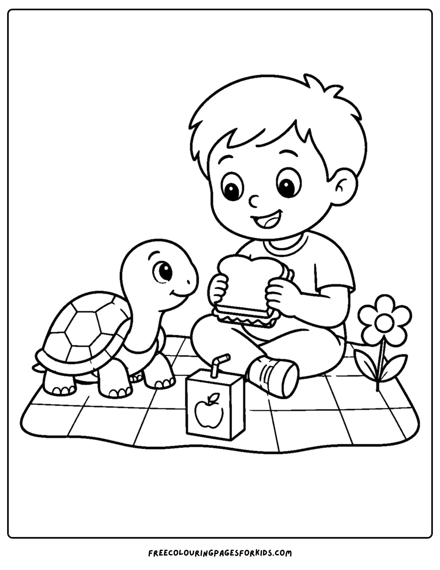a pet coloring page showing a child having a picnic with their pet turtle