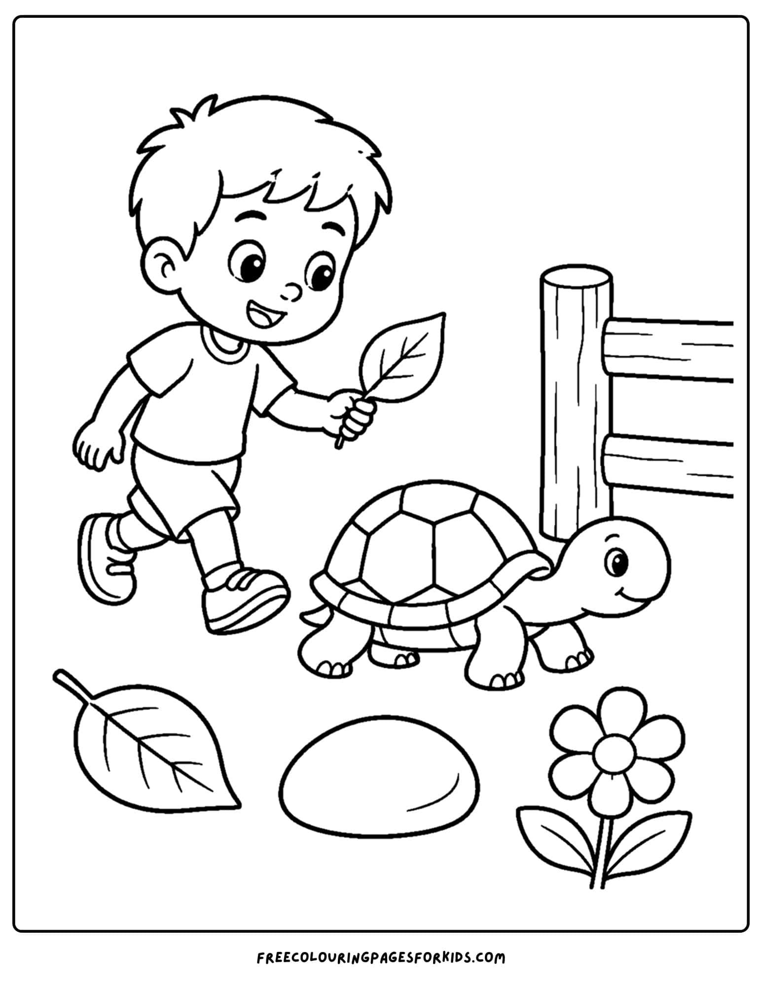 a pet coloring page showing a kid in their yard with a pet turtle