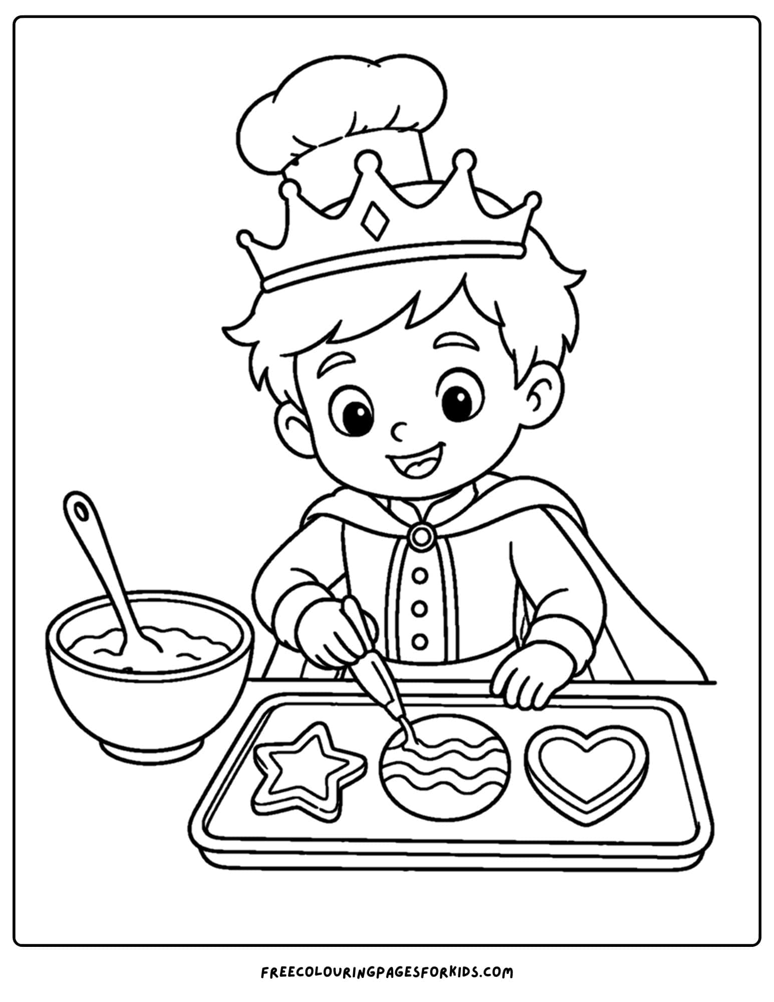 a coloring page of a royal prince baking cookies