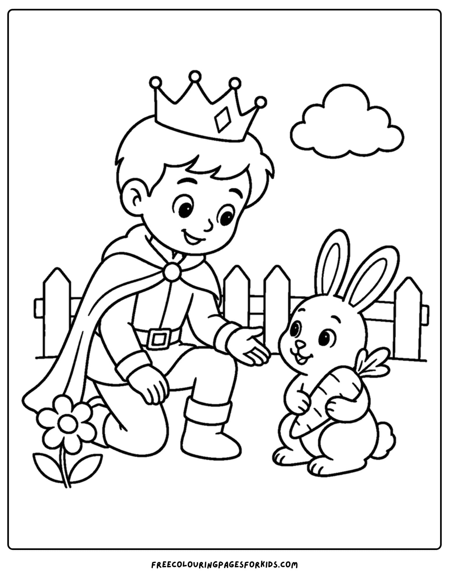 a coloring page of a royal prince meeting a bunny rabbit in the garden