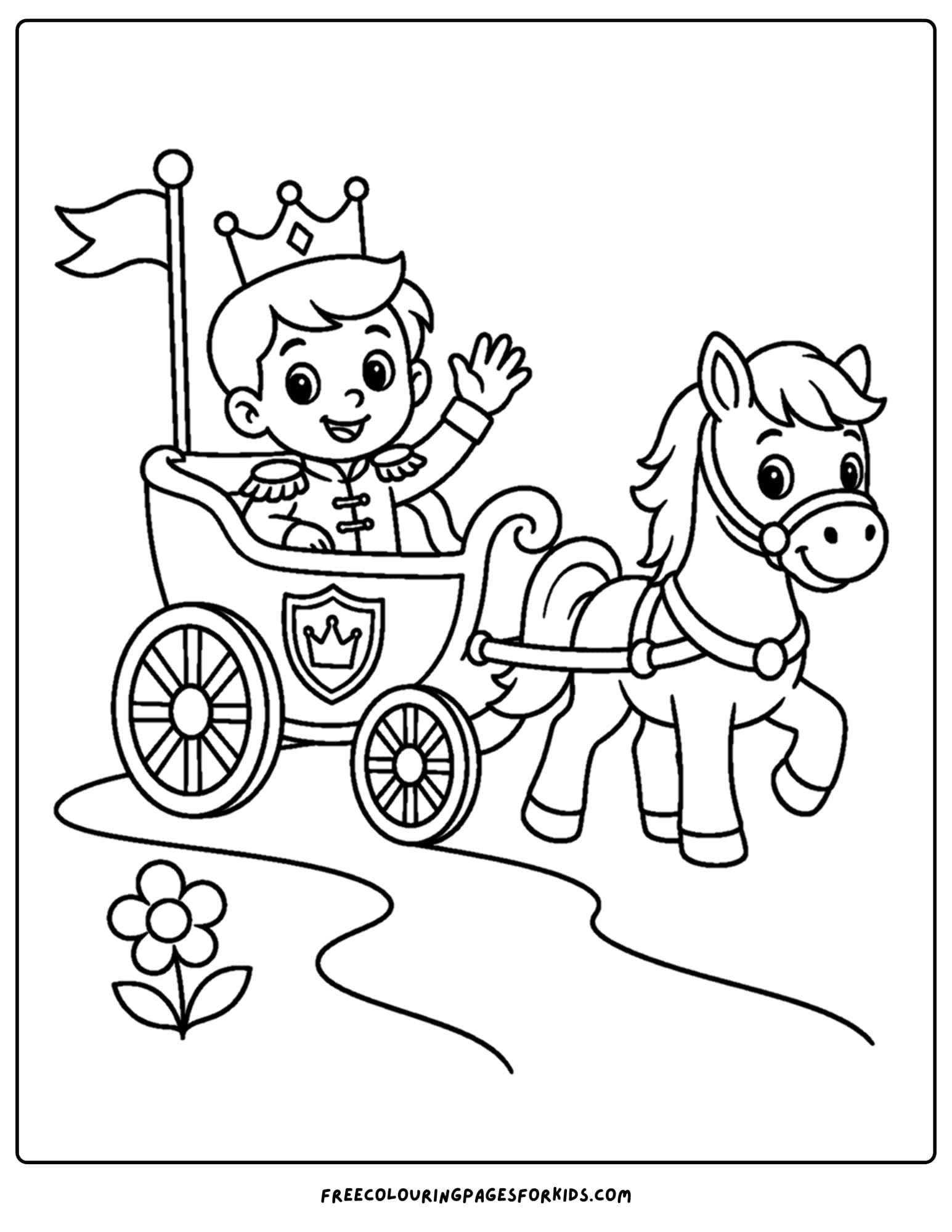 a coloring page of a royal prince riding in a horse and carriage