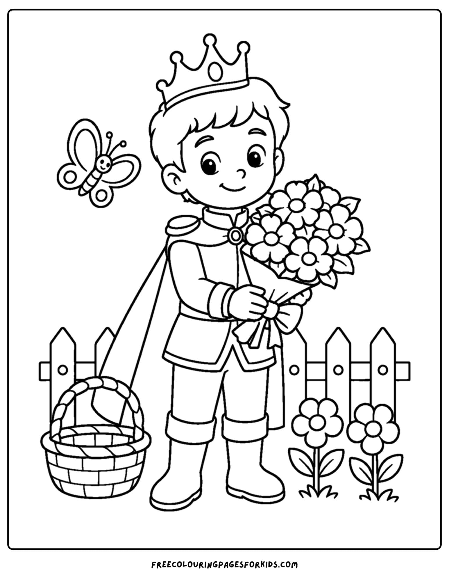 a coloring page of a royal prince carrying a bouquet of flowers