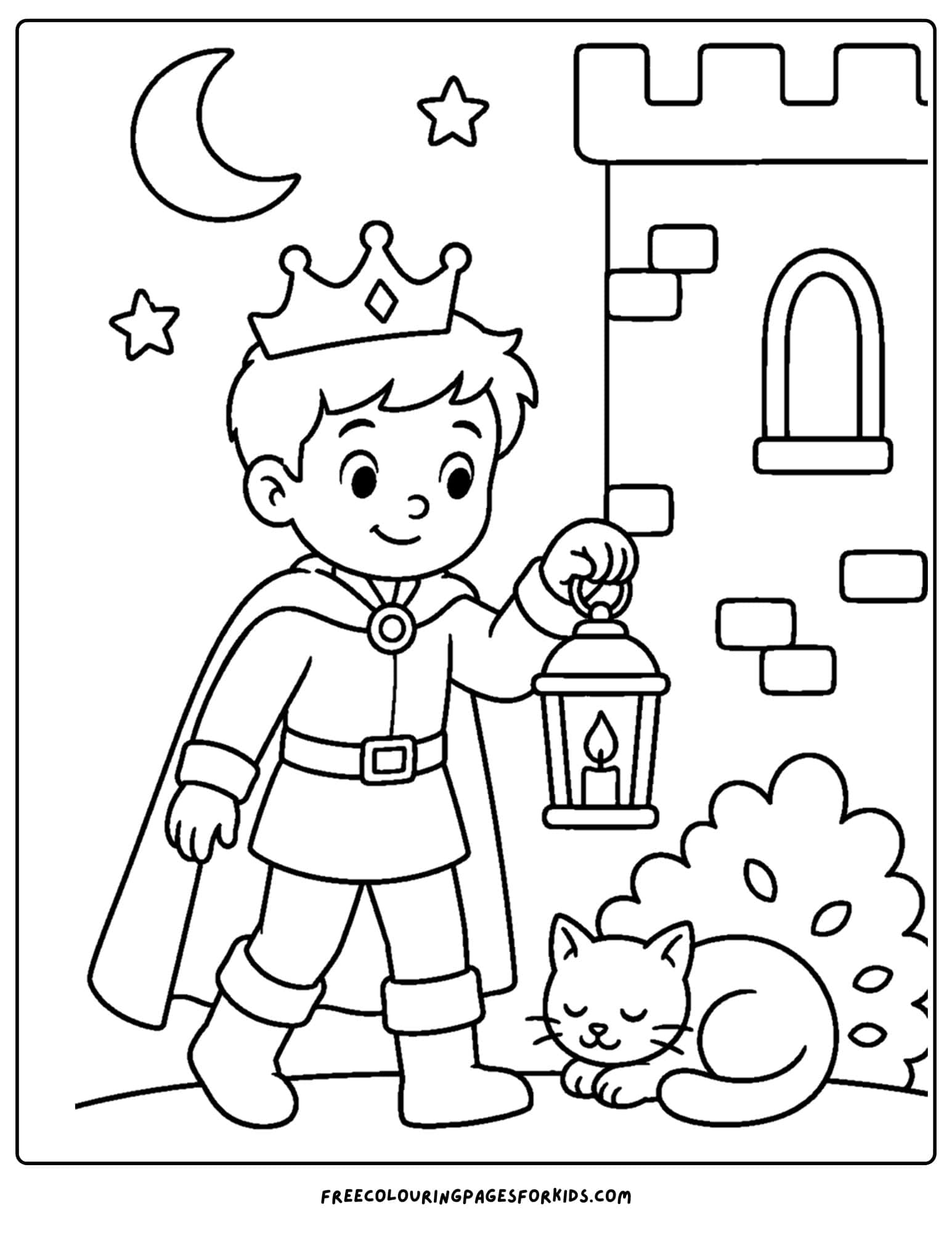 a coloring page of a royal prince carrying a lantern at night