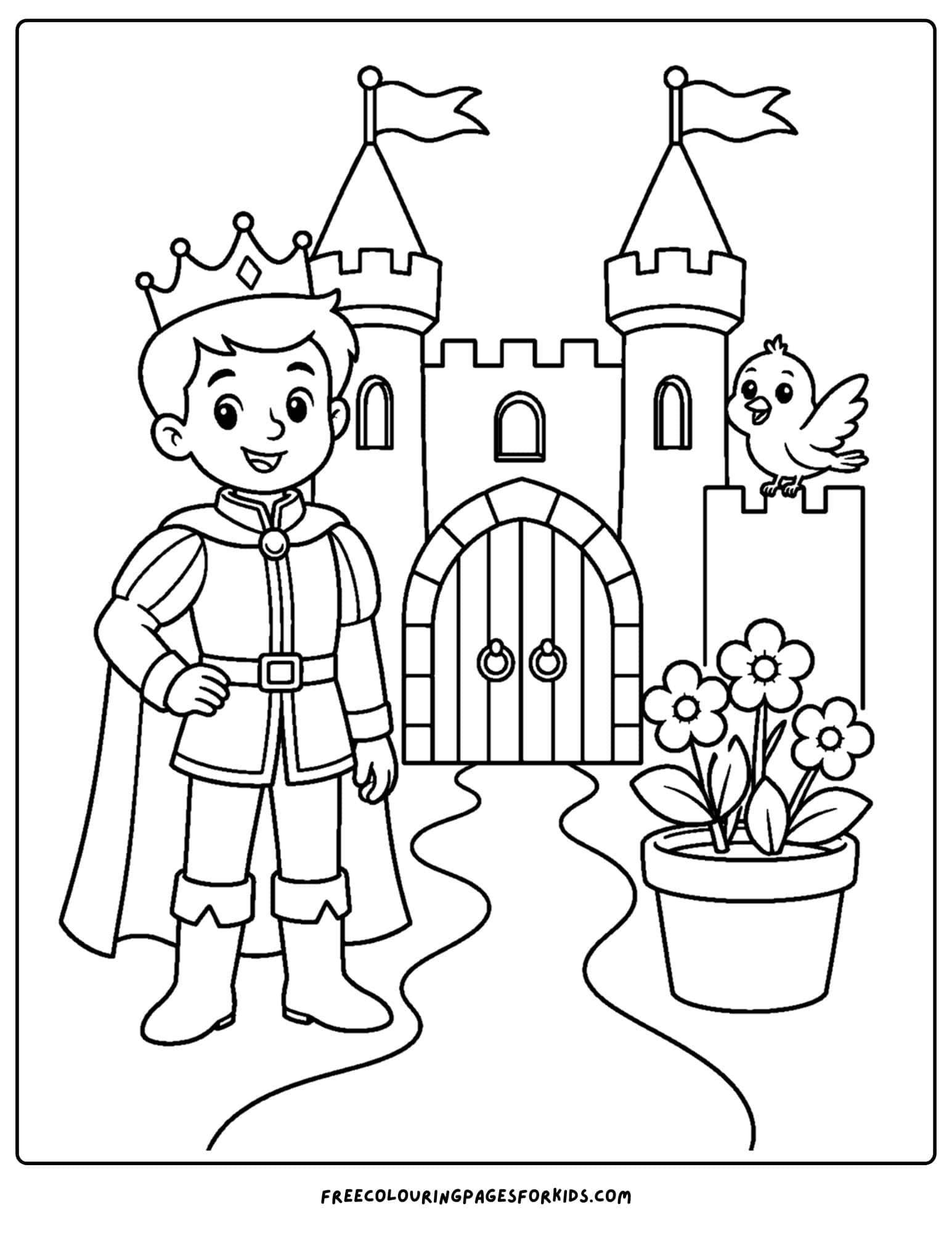 a coloring page of a royal prince standing a the castle gate