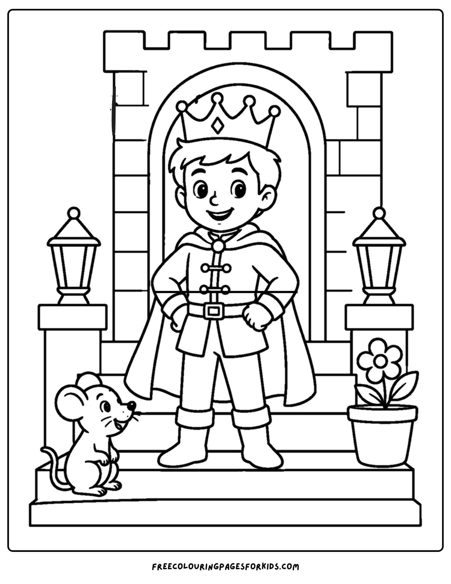 a coloring page of a royal prince standing on the castle steps
