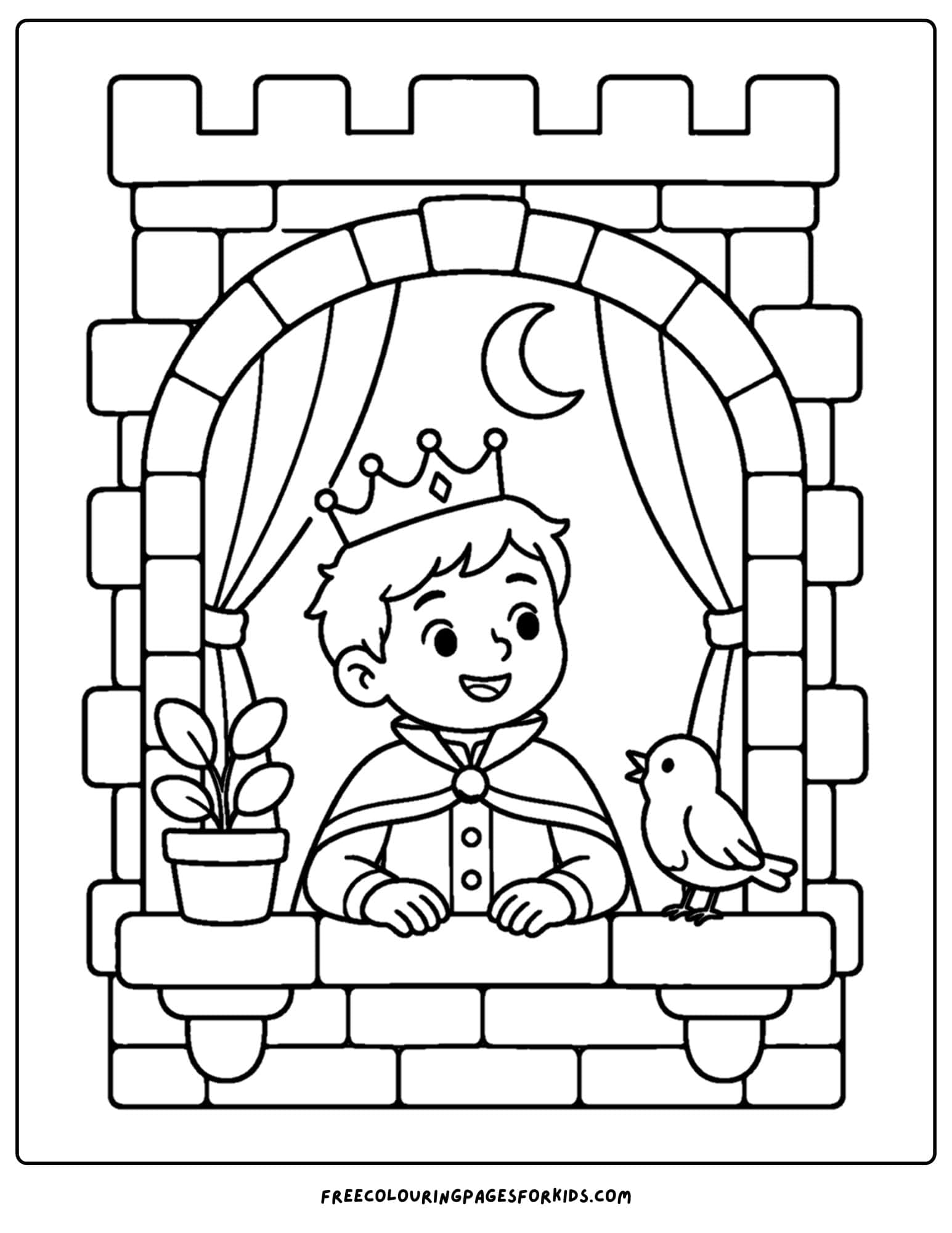 a coloring page of a royal prince standing in a castle window