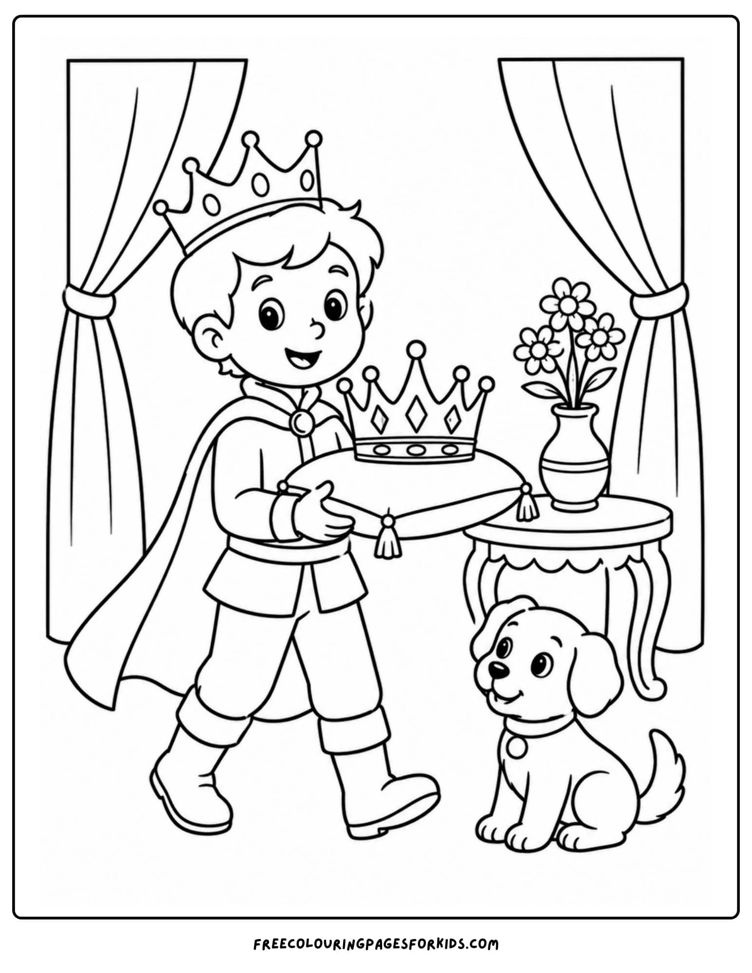 a coloring page of a royal prince carrying the royal crown on a pillow