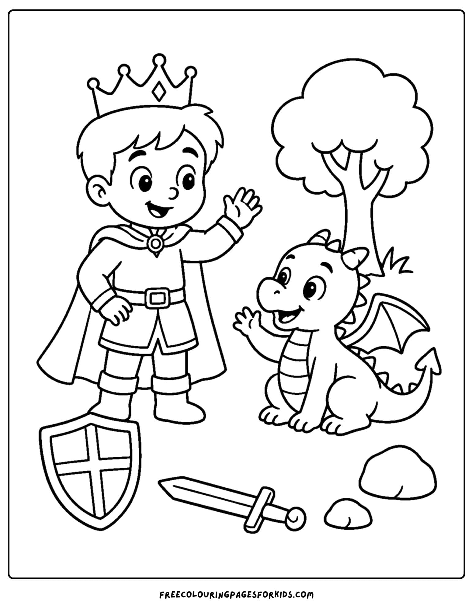 a coloring page of a royal prince saying hello to a dragon friend