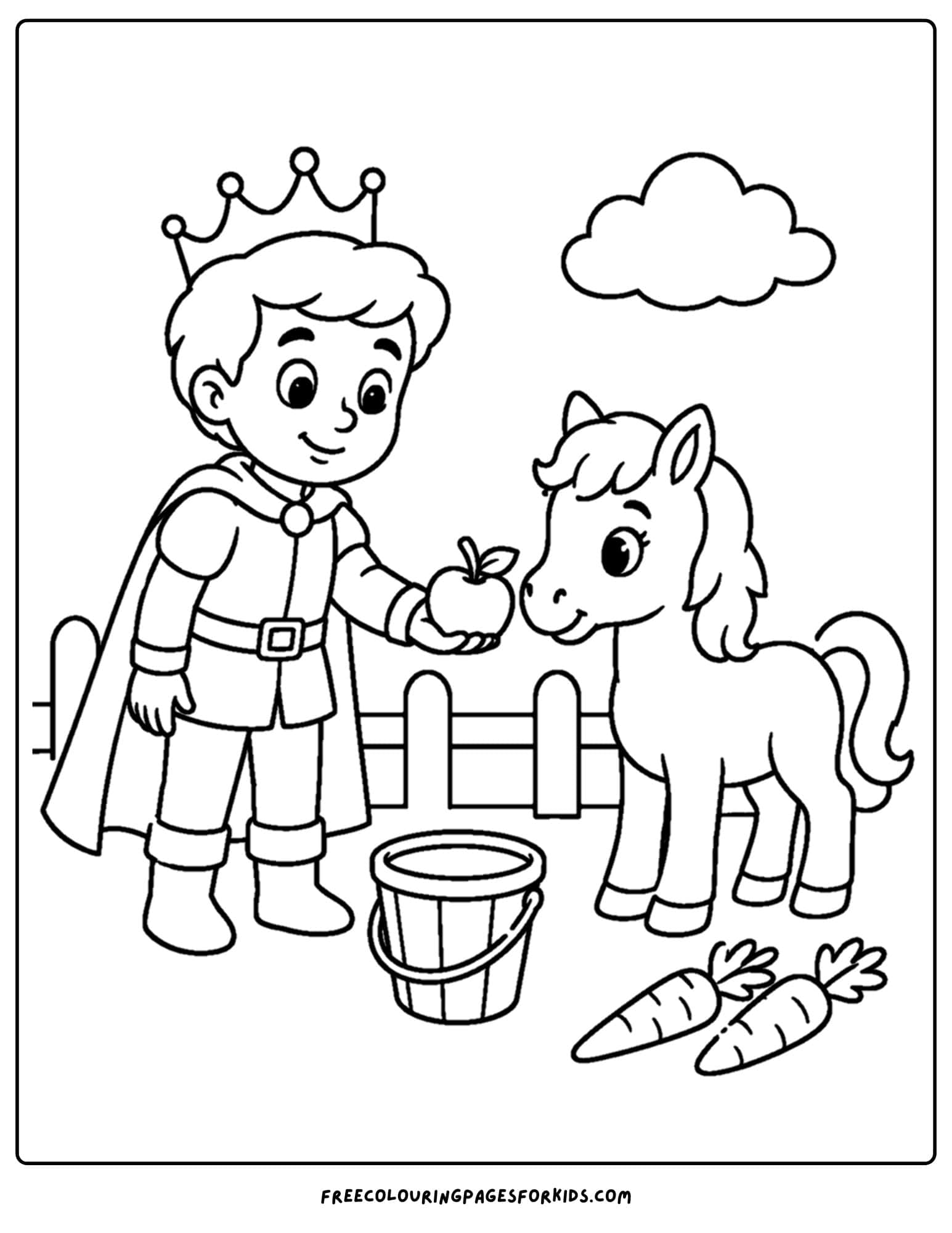 a coloring page of a royal prince feeding a pony an apple
