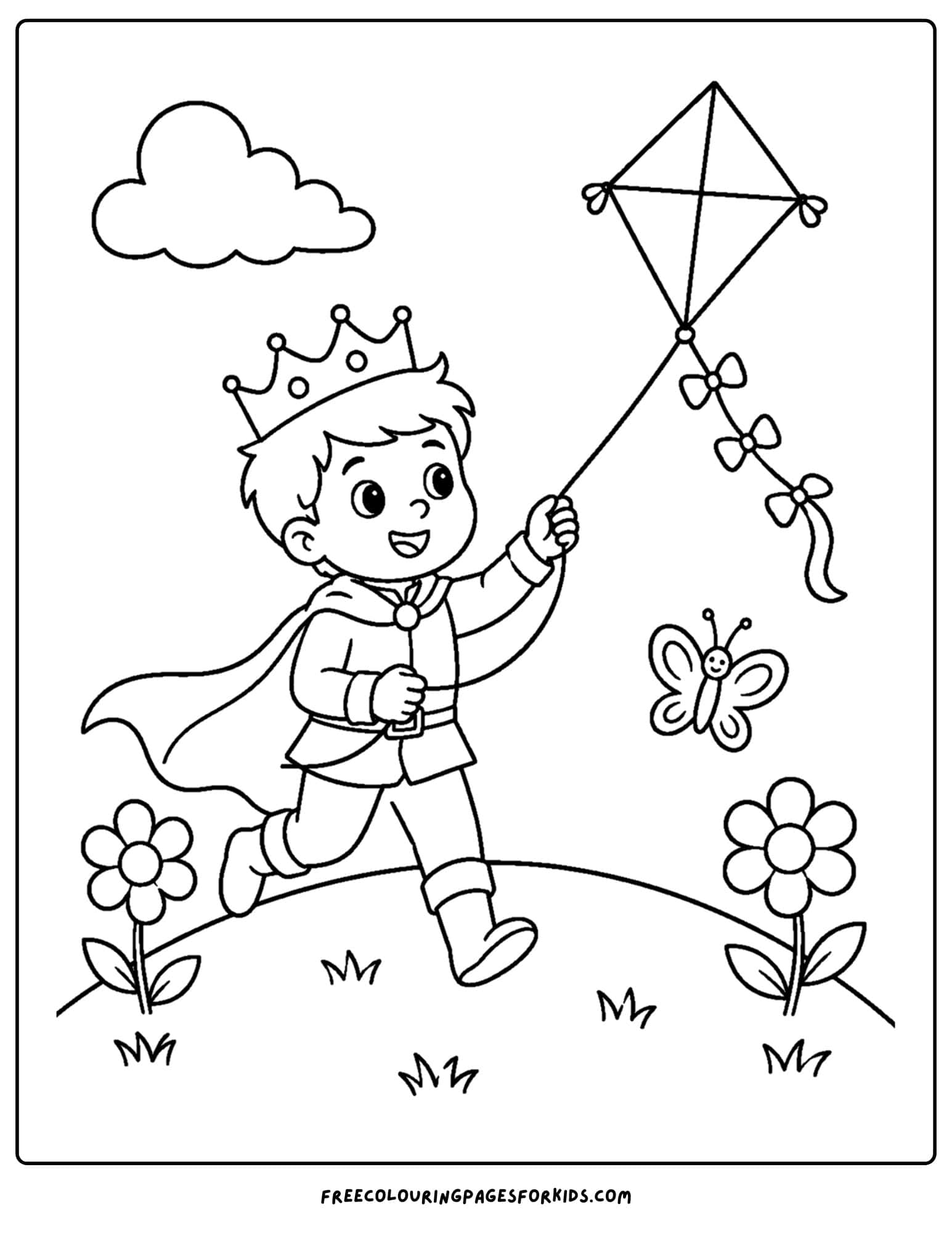 a coloring page of a royal prince flying a kite in a meadow