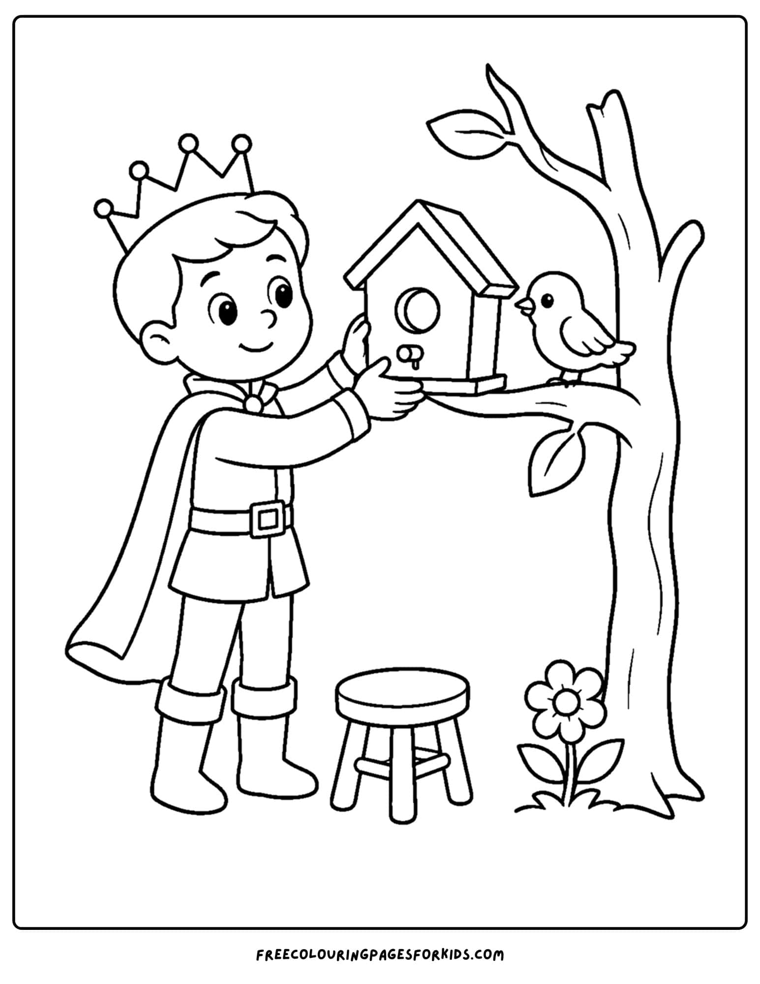 a coloring page of a royal prince tending to a bird house in a tree
