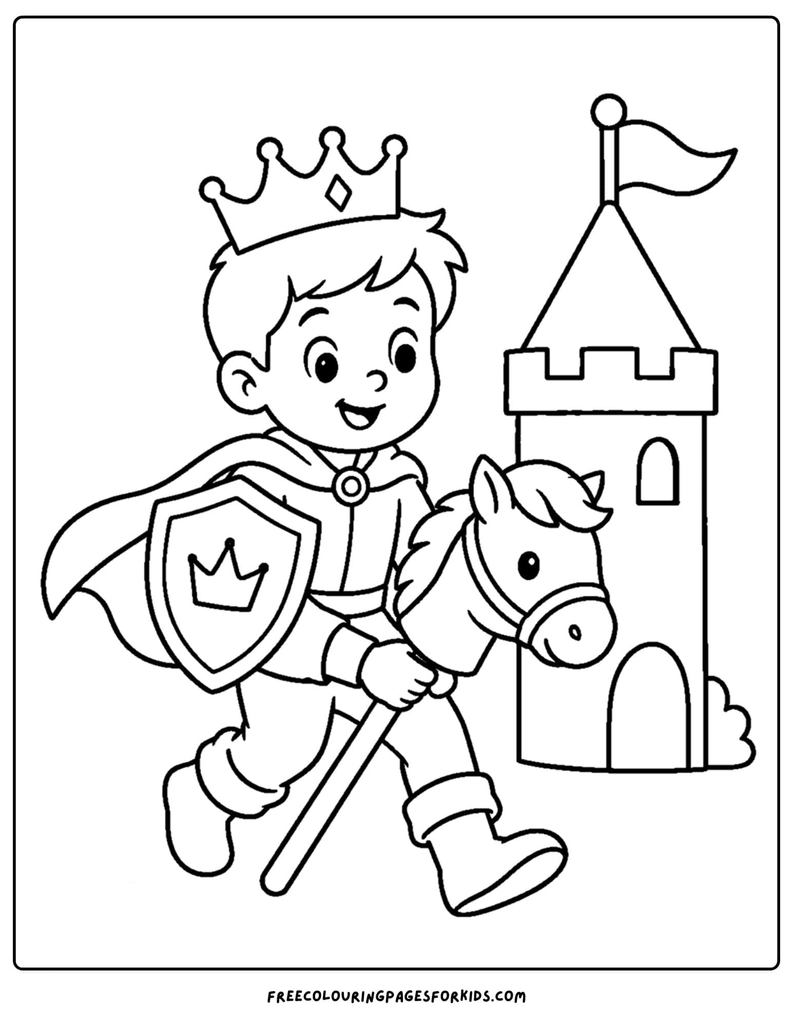 a coloring page of a royal prince playing pretend on a hobby horse