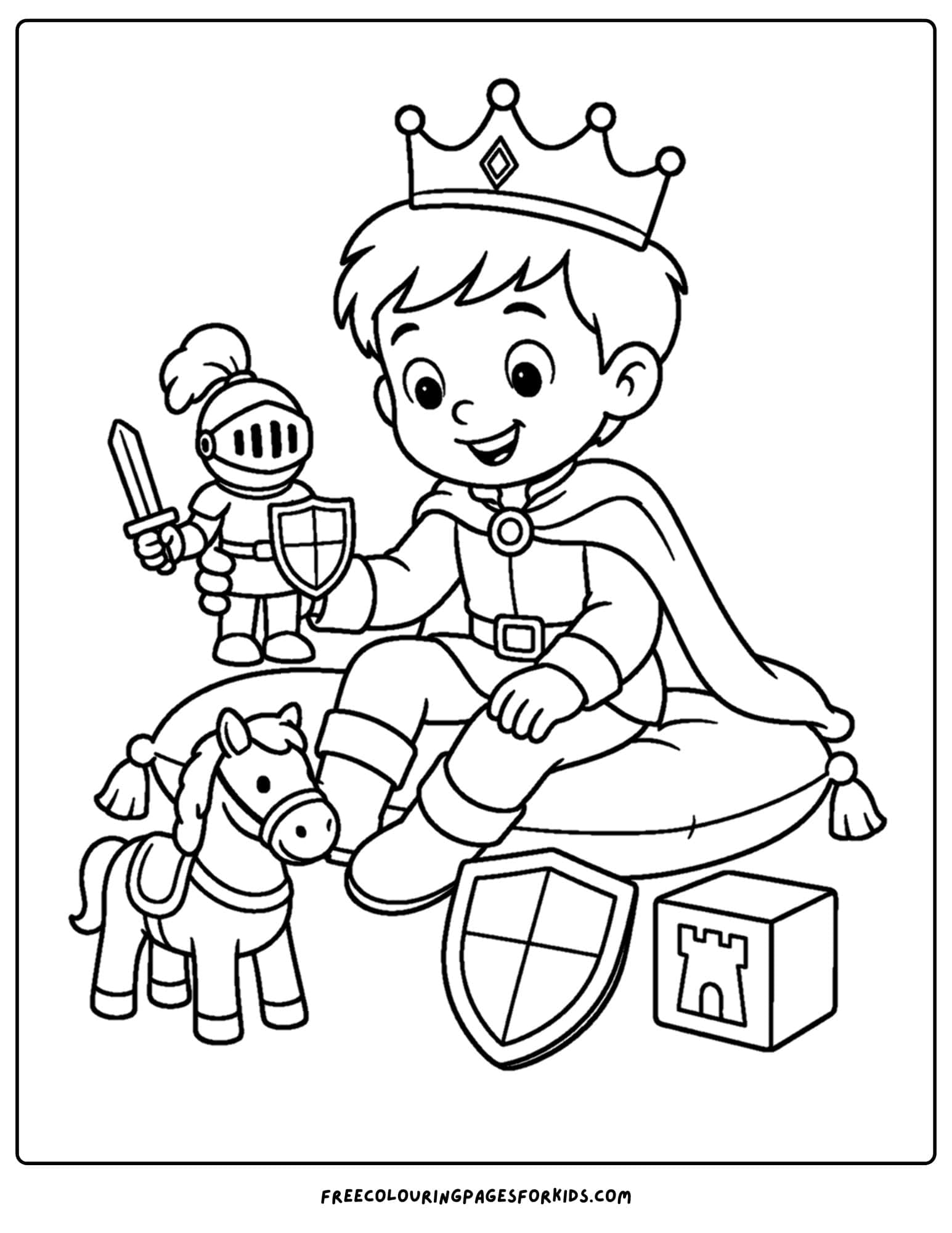 a coloring page of a royal prince playing with a toy knight