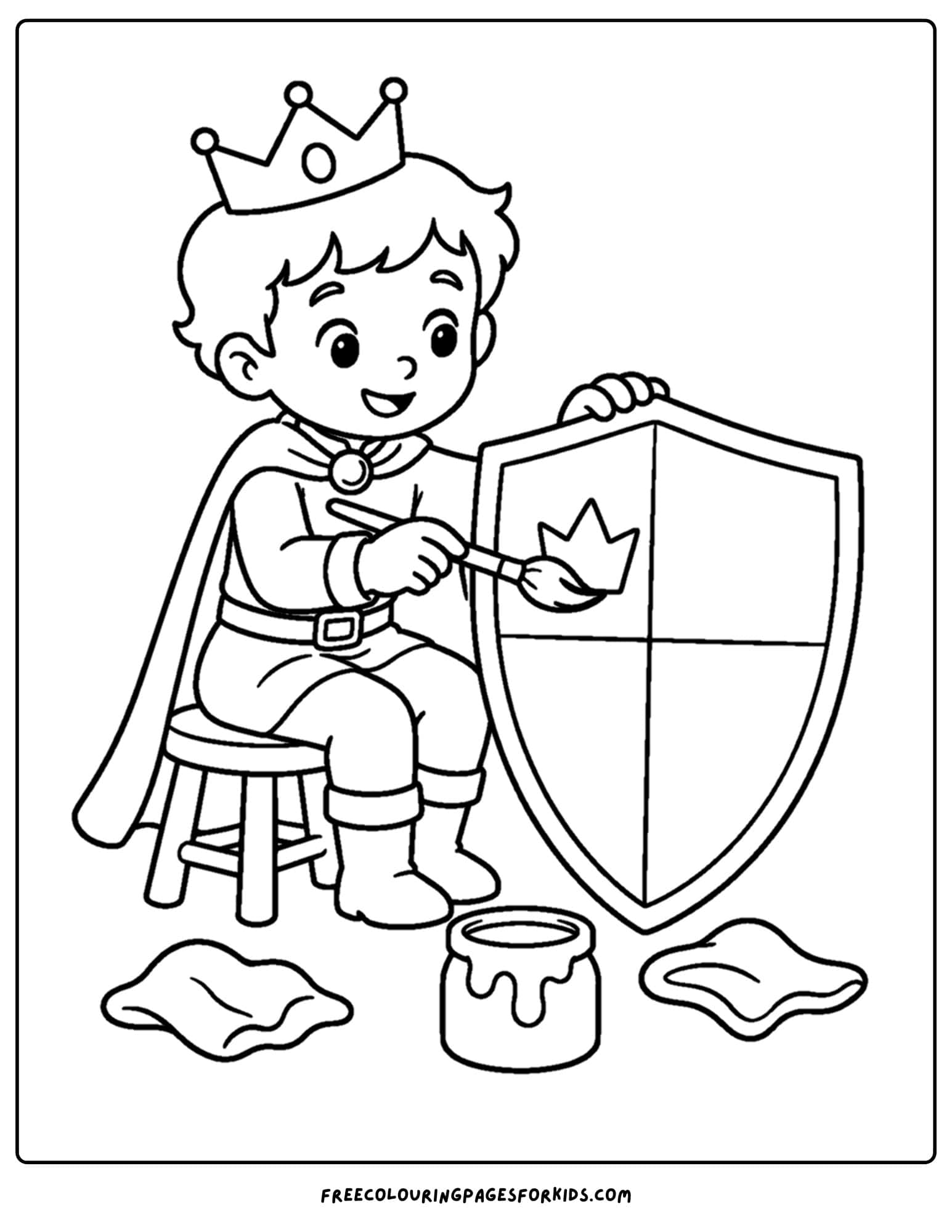 a coloring page of a royal prince painting his own shield