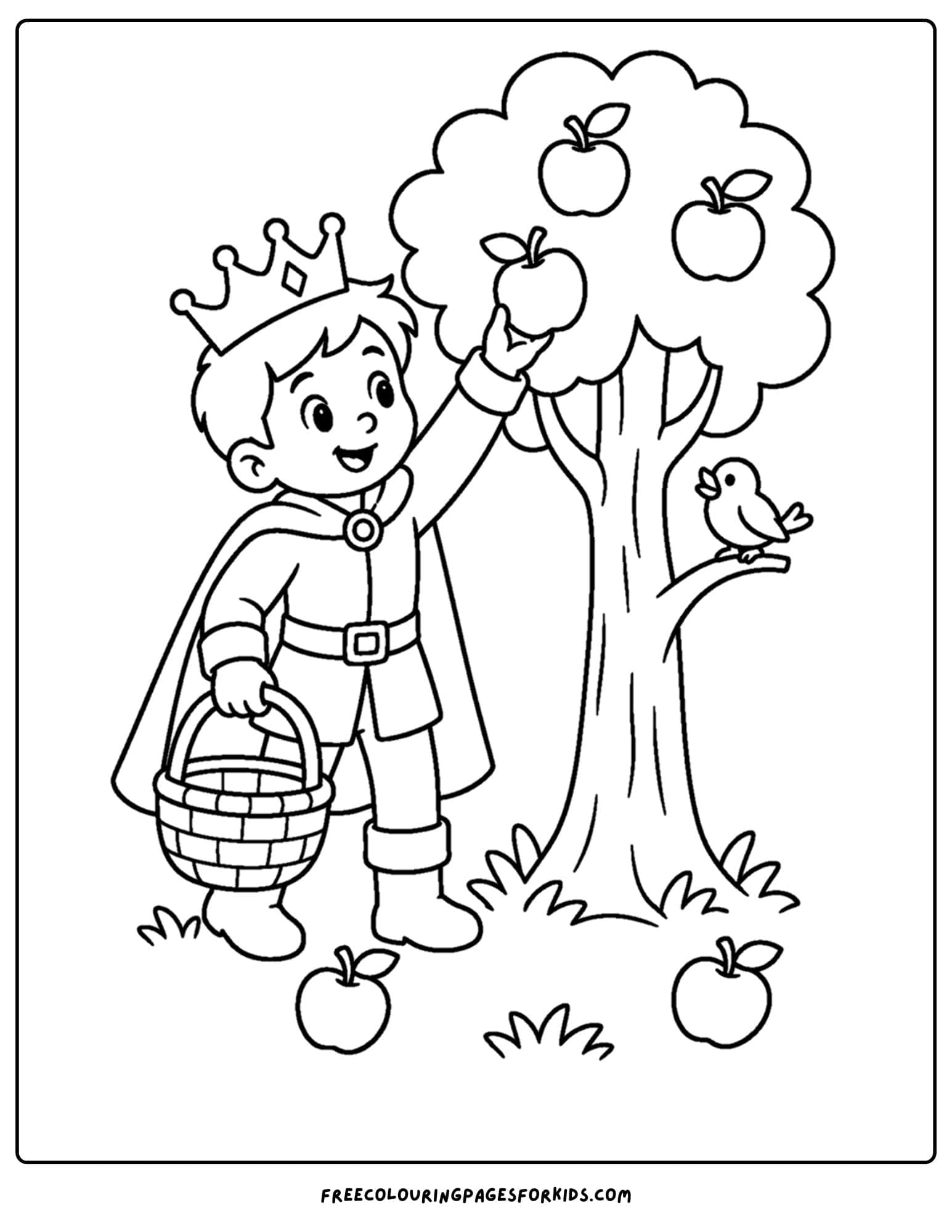 a coloring page of a royal prince picking apples from a tree