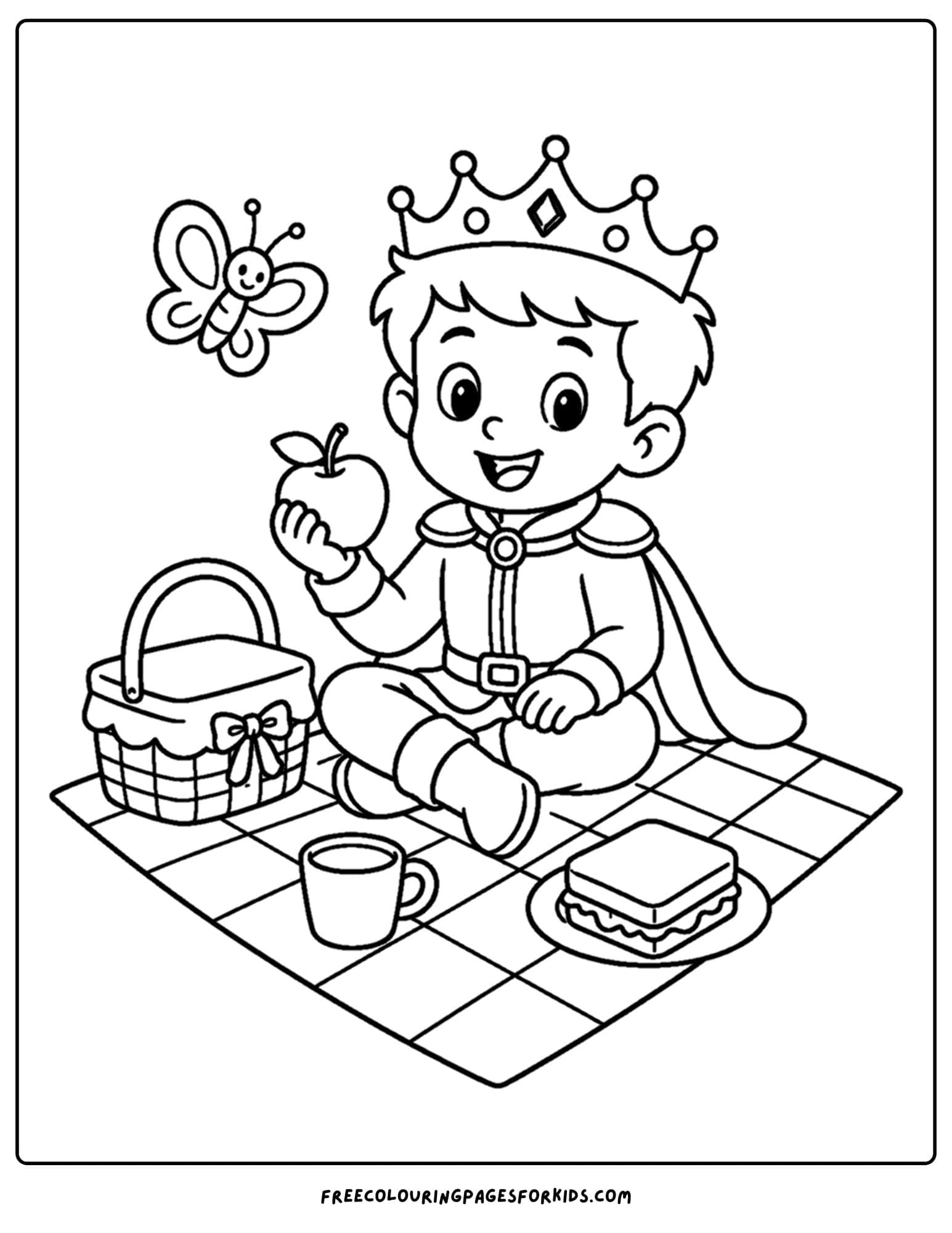 a coloring page of a royal prince having a picnic