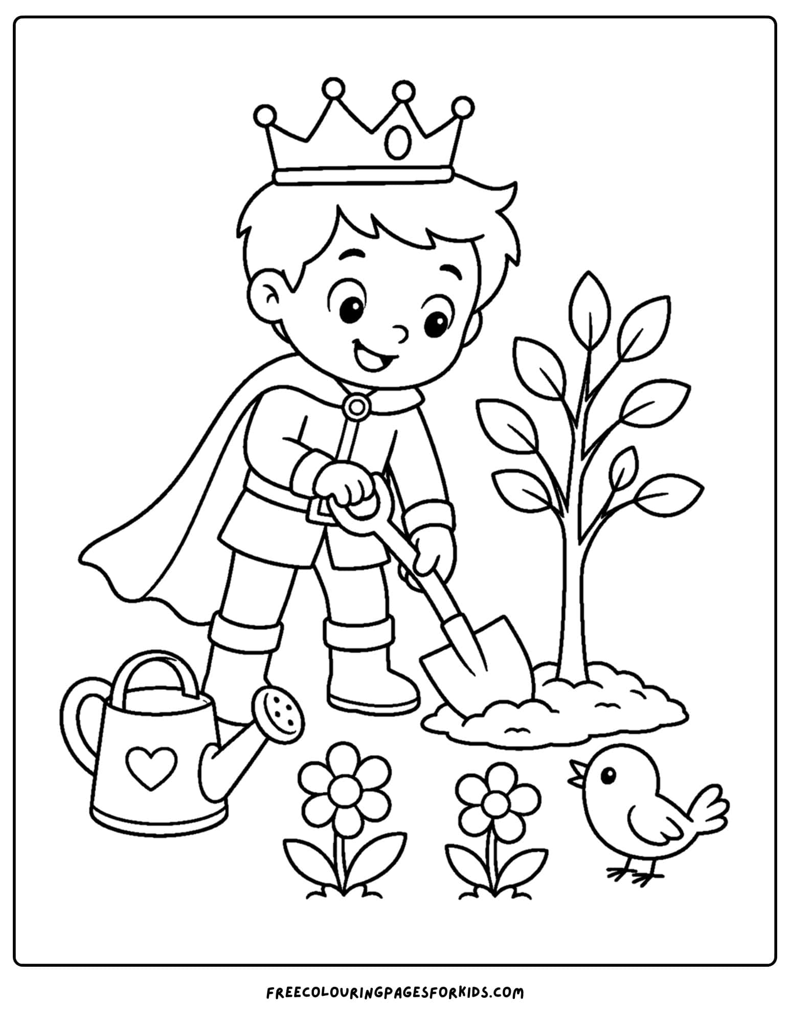 a coloring page of a royal prince planting a tree