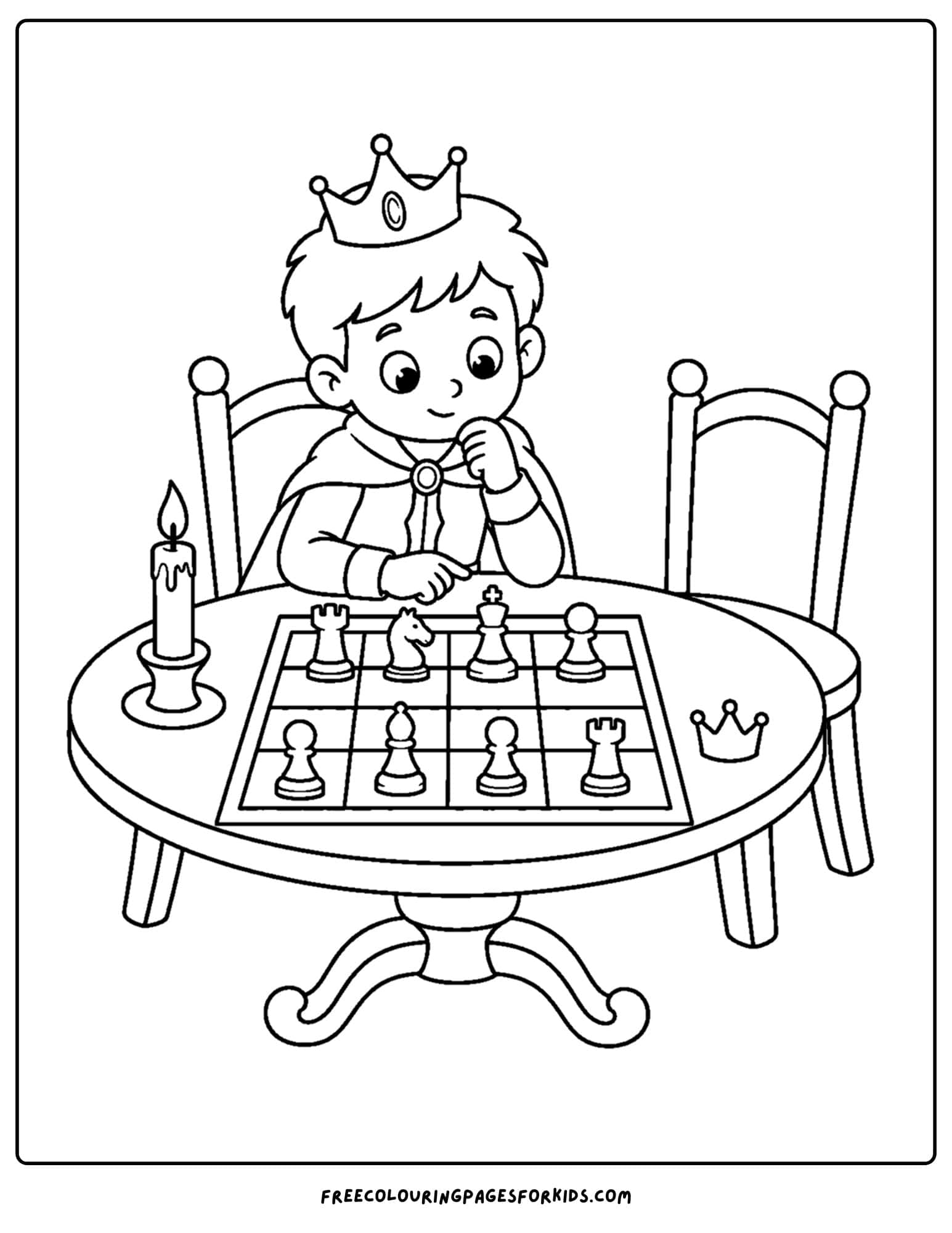 a coloring page of a royal prince playing a game of chess