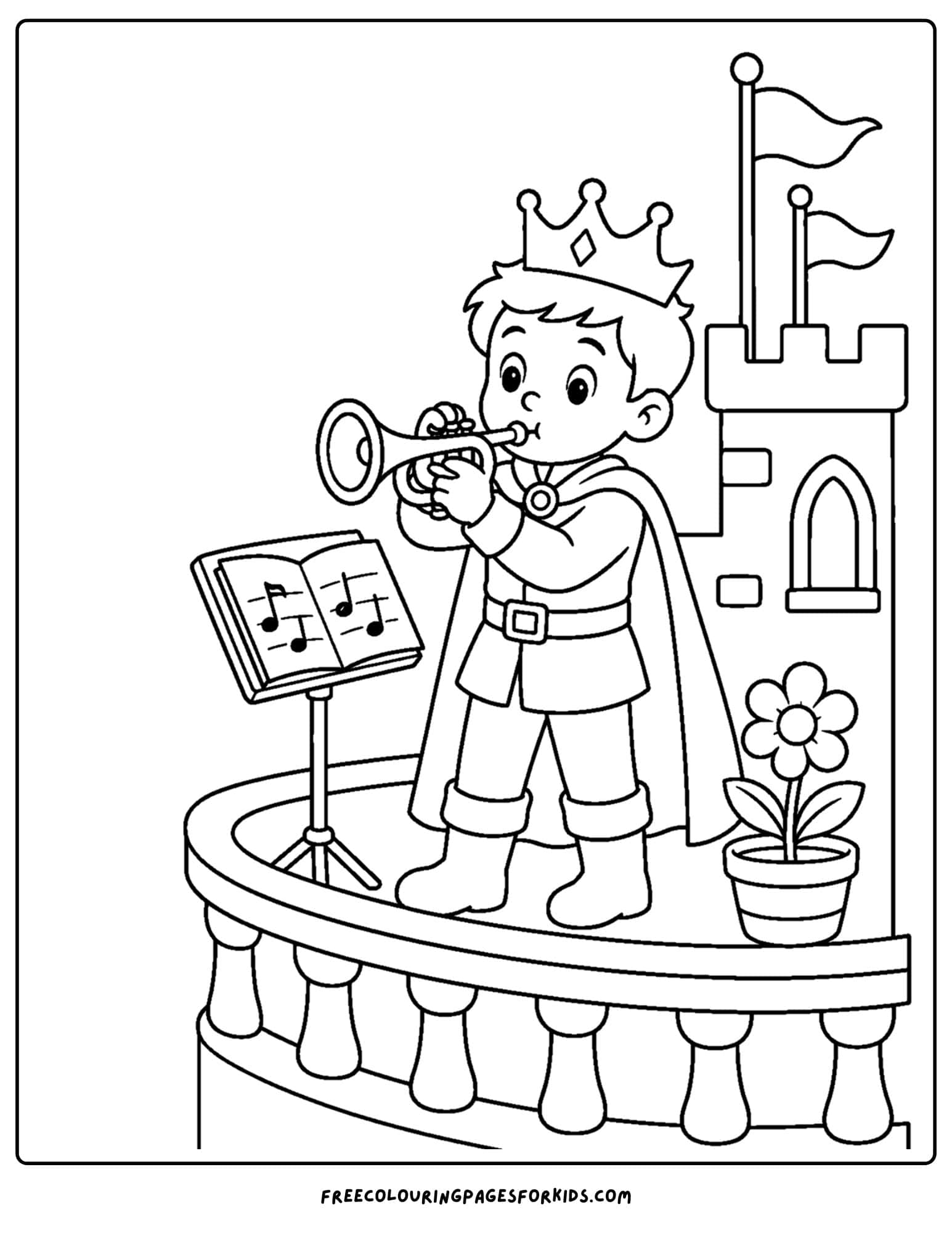 a coloring page of a royal prince playing a trumpet from the castle wall
