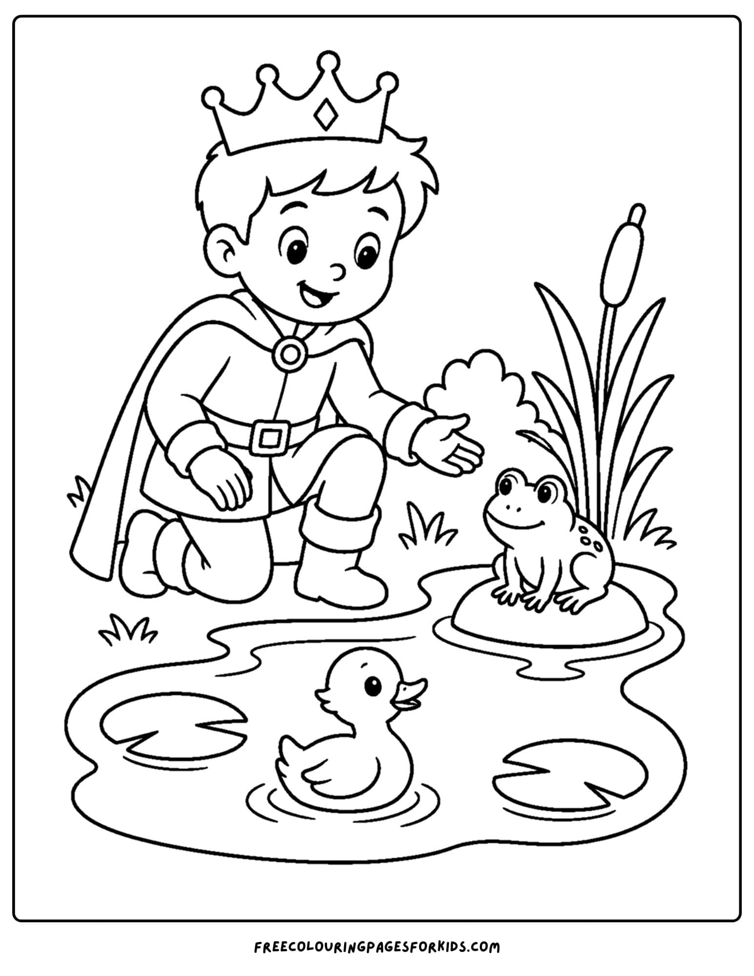 a coloring page of a royal prince making friends with the frogs in the pond