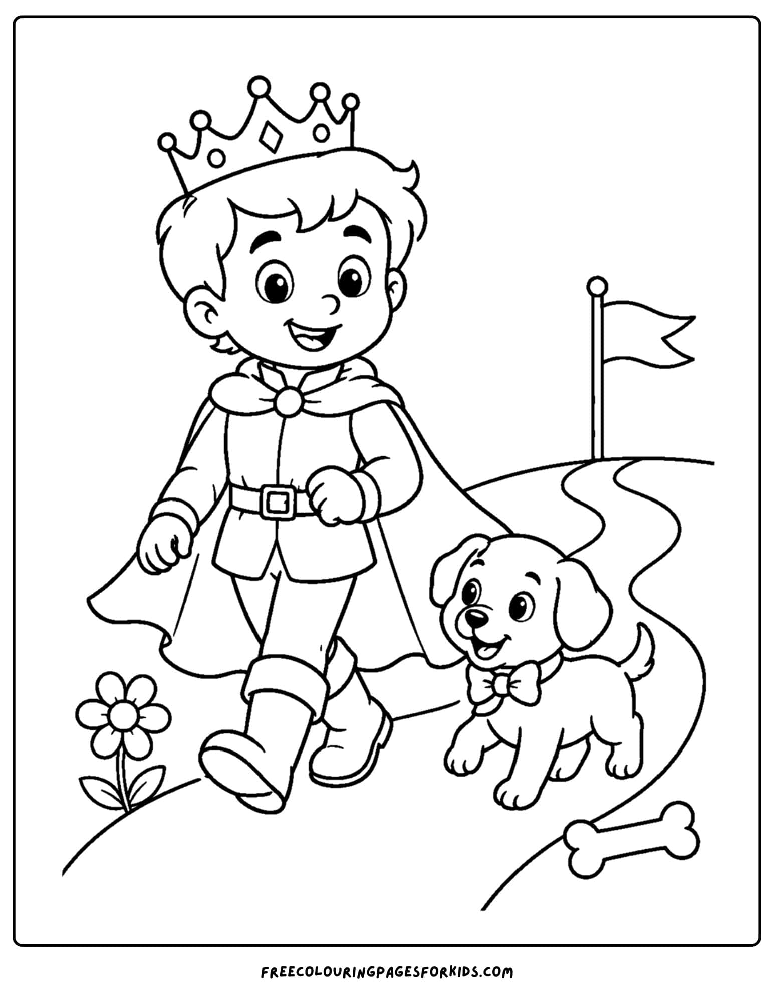 a coloring page of a royal prince walking a dog down a path