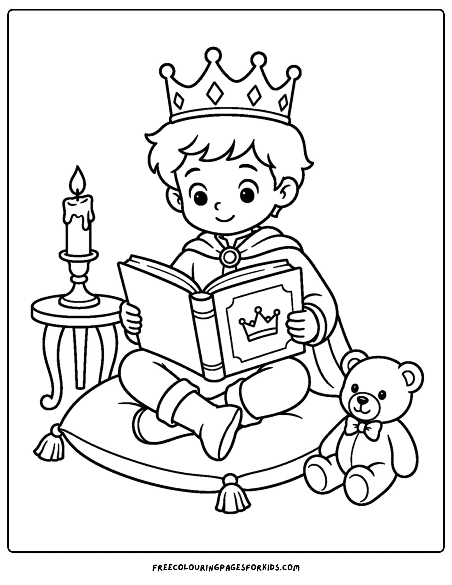 a coloring page of a royal prince sitting on a pillow reading a book