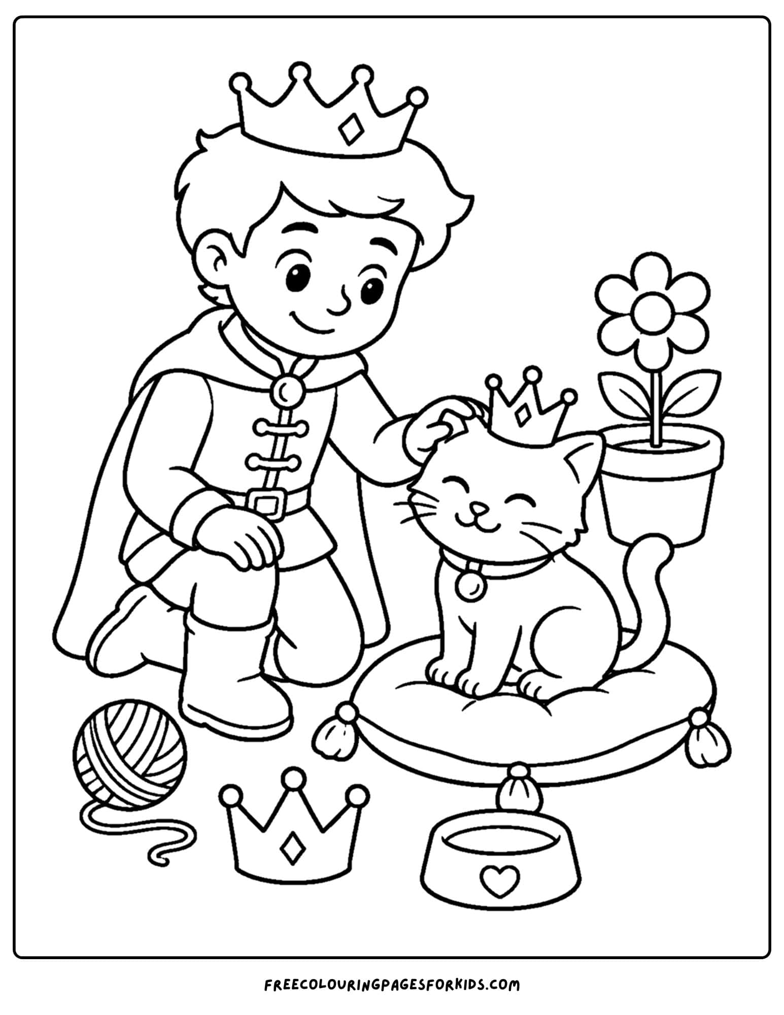 a coloring page of a royal prince playing with a cat