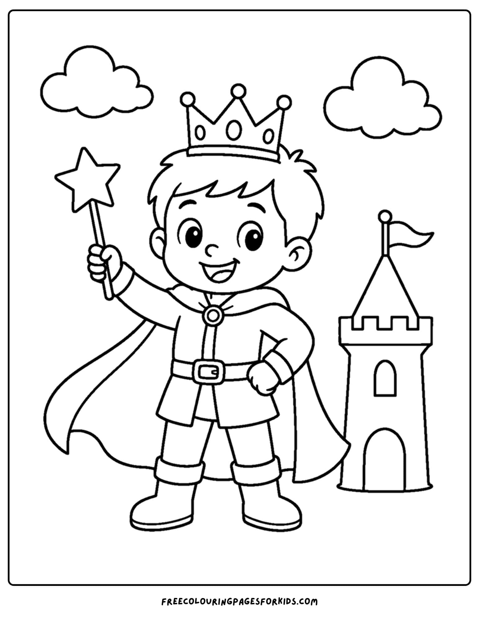 a coloring page of a royal prince holding a wand in front of a tower
