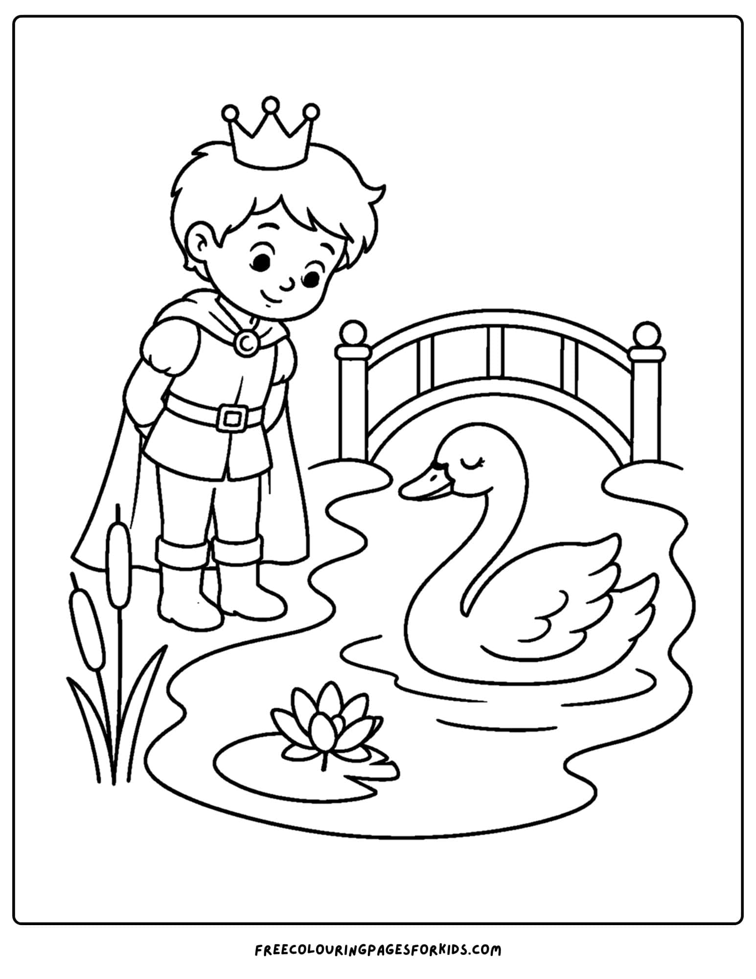 a coloring page of a royal prince beside a pond with a swan in it