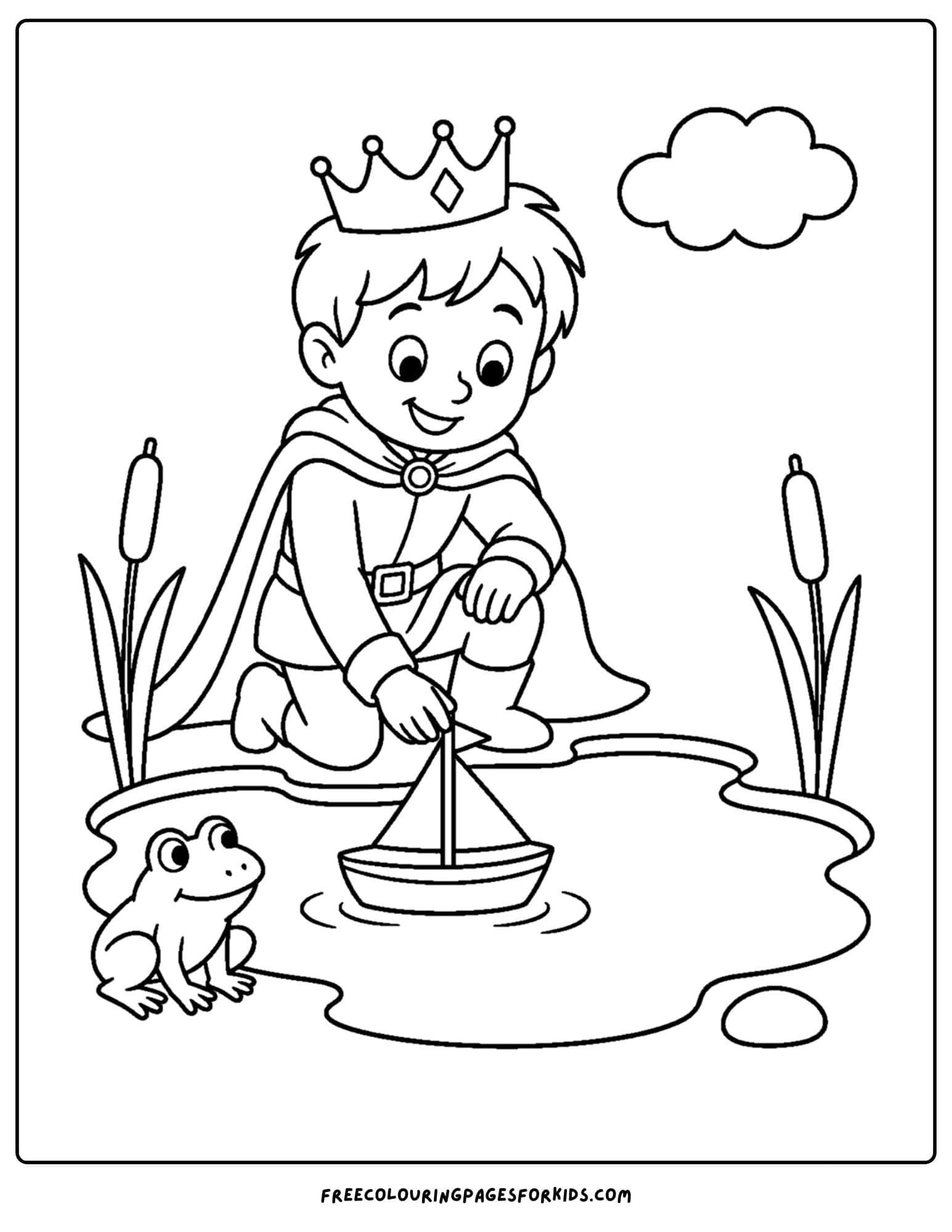 a coloring page of a royal prince playing with a toy boat on a pond