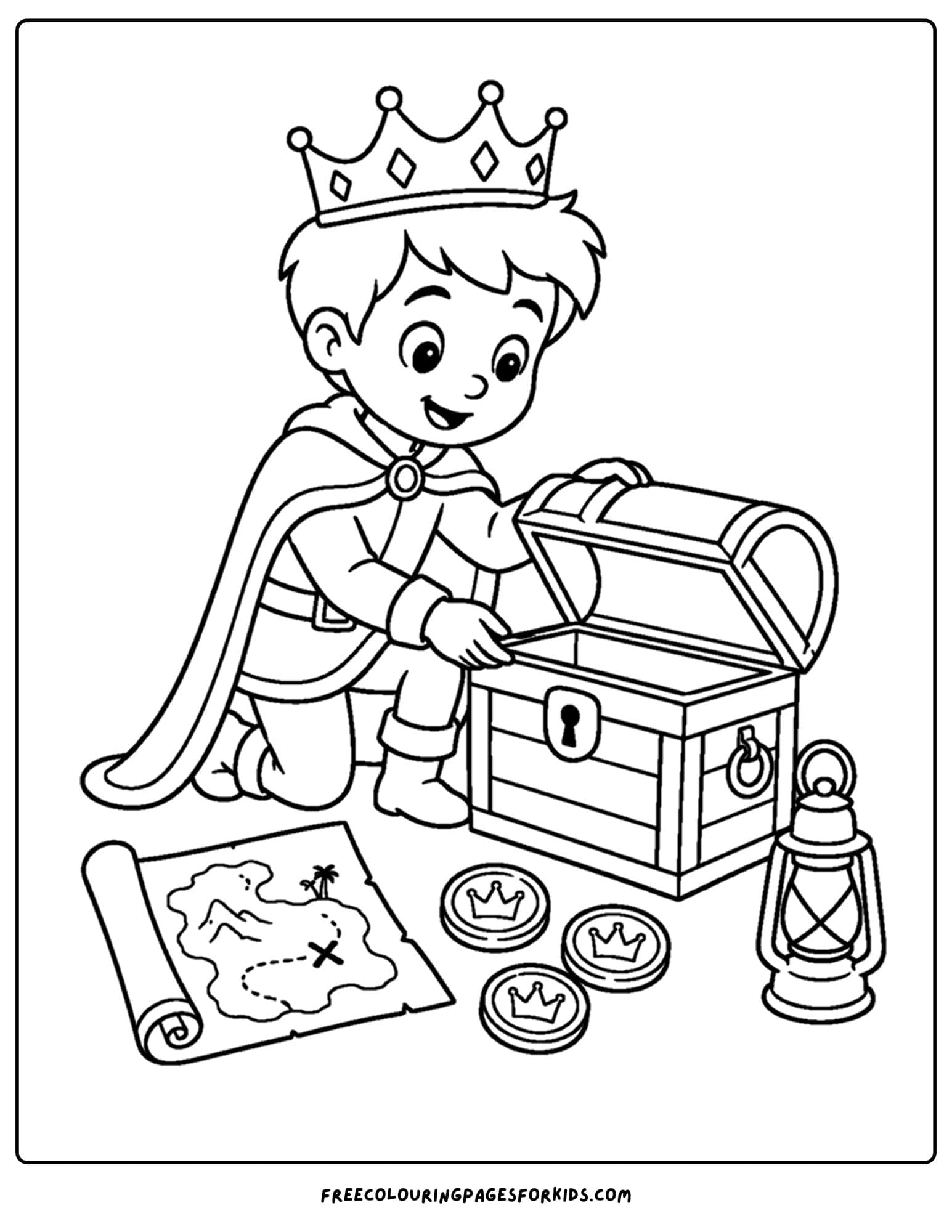 a coloring page of a royal prince opening a treasure chest