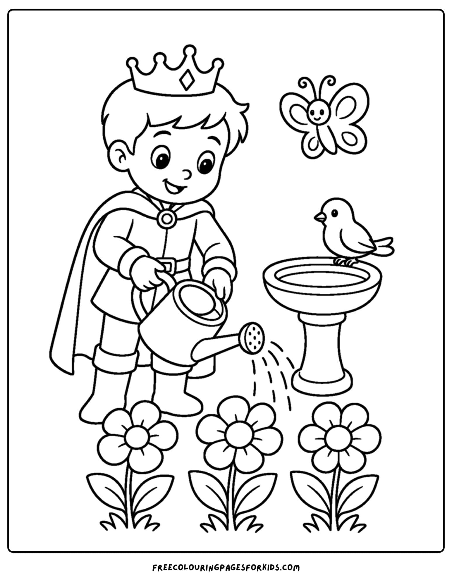 a coloring page of a royal prince watering flowers by a bird bath