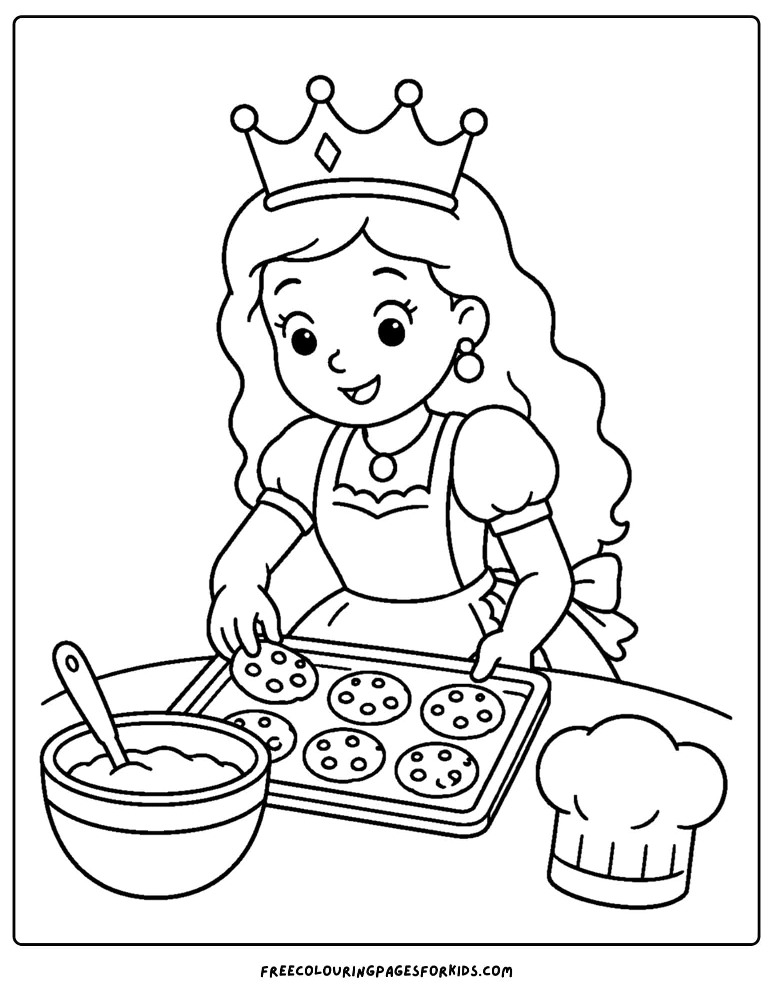 a coloring page of a queen baking cookies