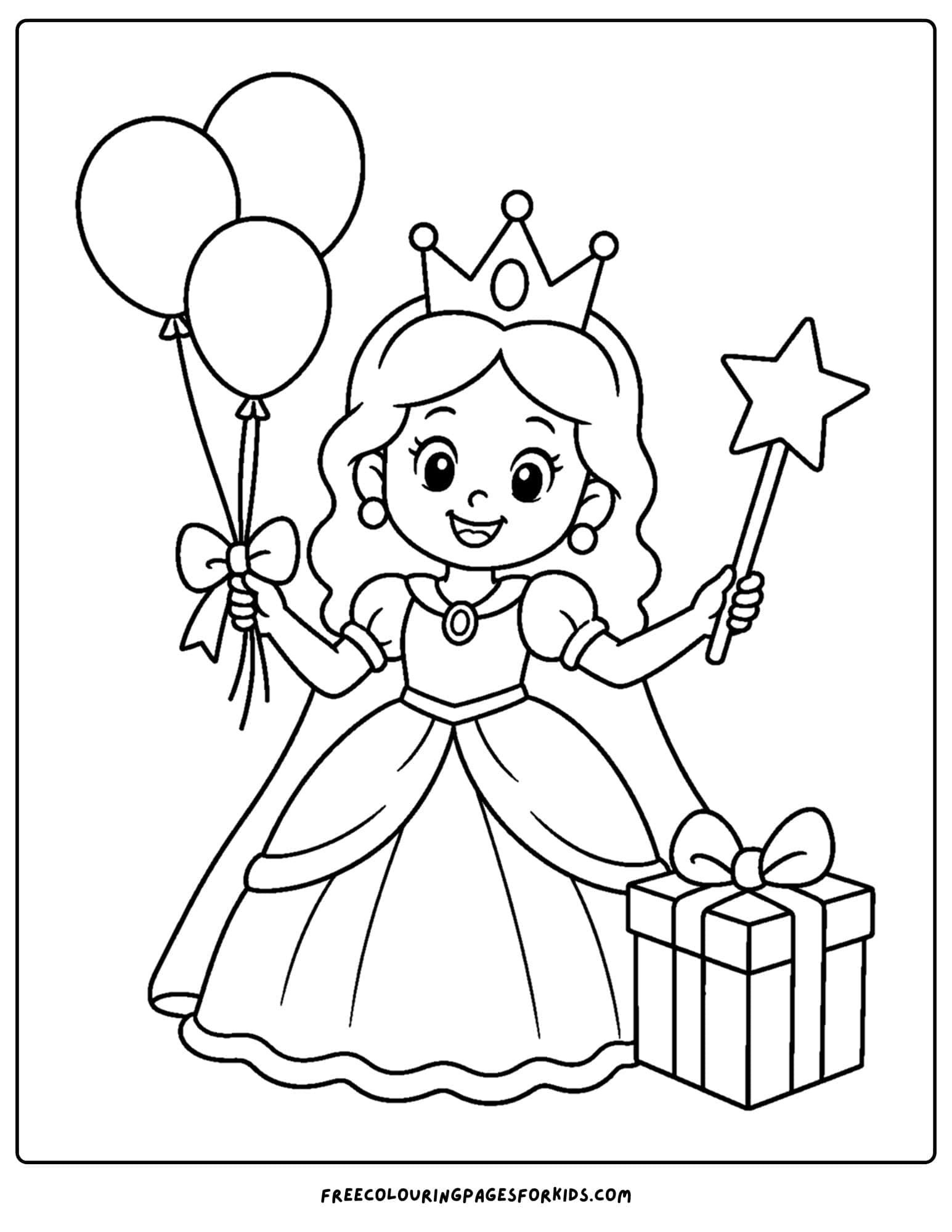 a coloring page of a queen holding balloons and a present