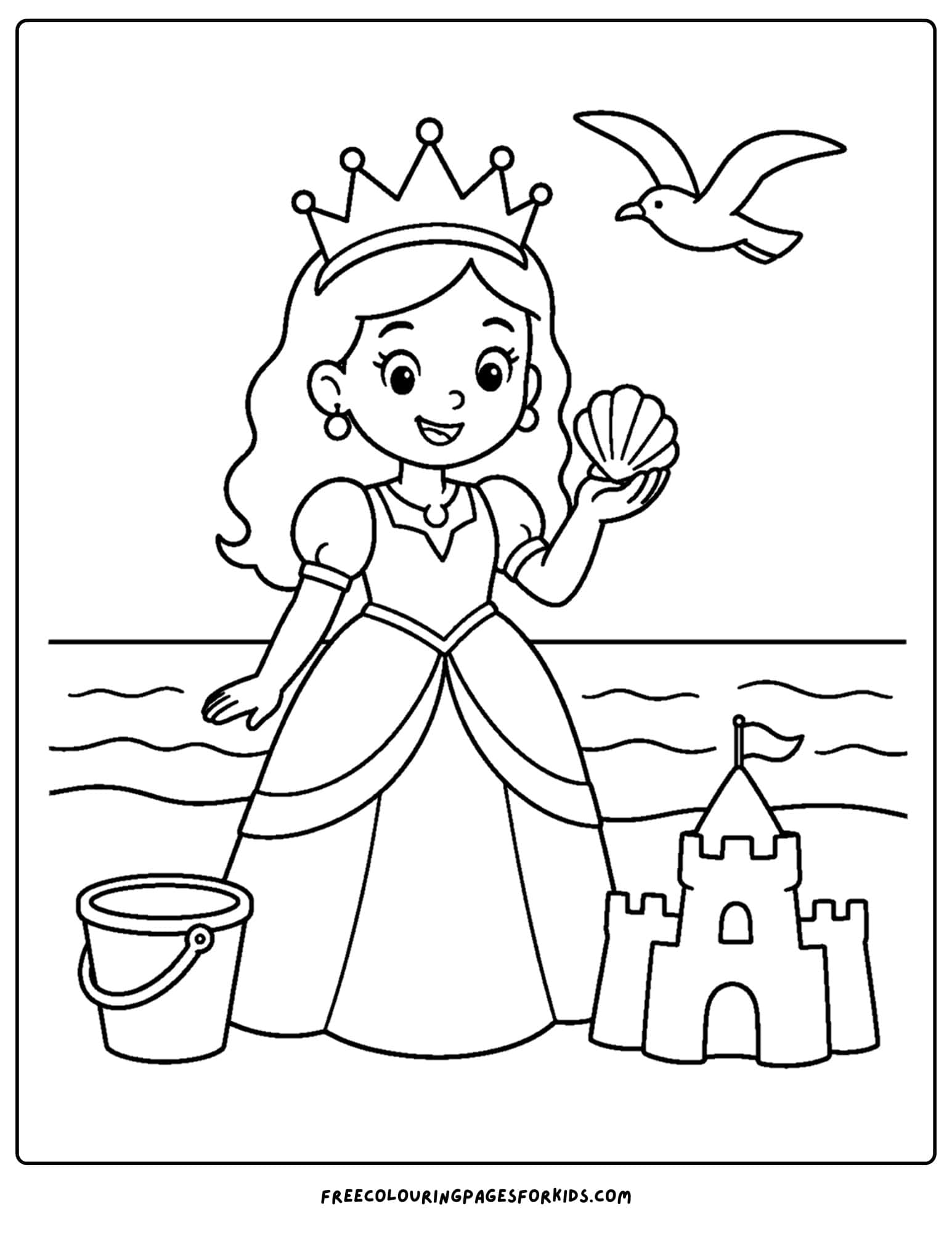 a coloring page of a queen walking at the beach