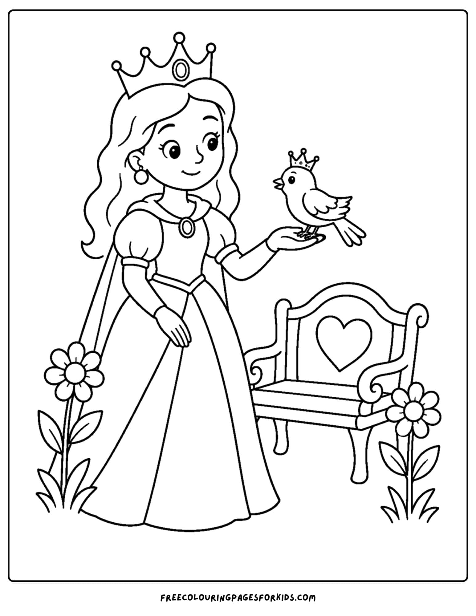 a coloring page of a queen greeting a bird in the garden